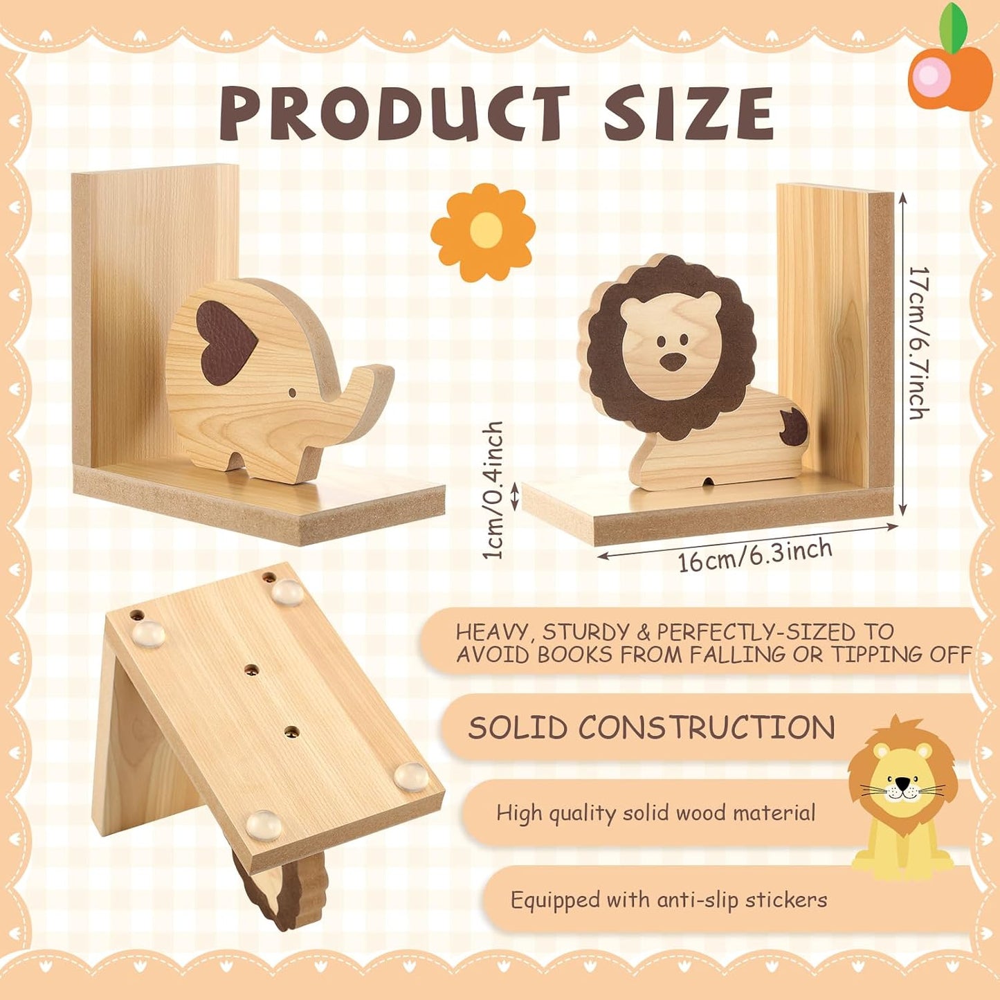 Animal Bookends for Kids Wooden Decor Safari Bookends Decor for Girl / Lion Elephant / Set of 2