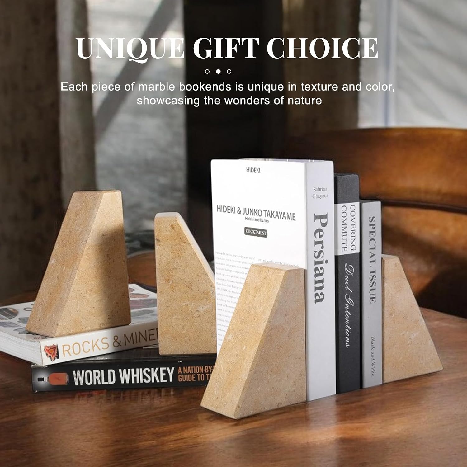 Marble Bookends / Large Bookends for Heavy Books / Trapezoid-brown