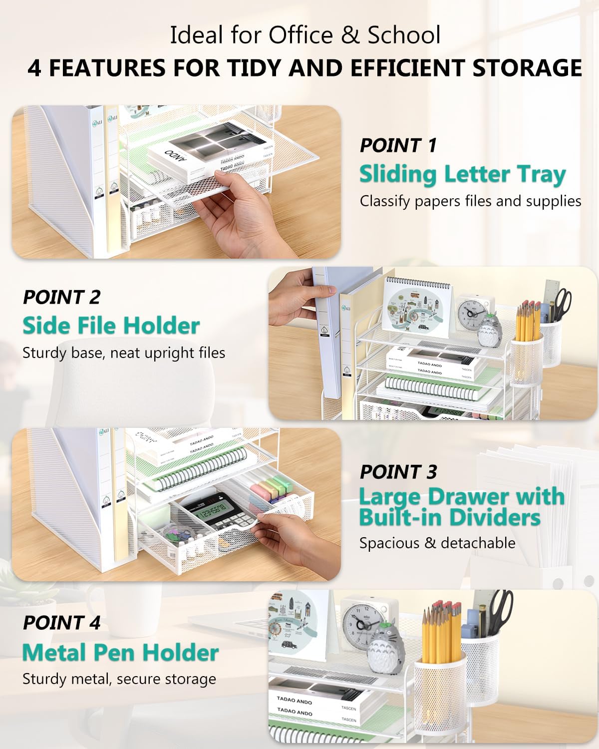 WALI Desk File Organizer, 4 Tier Desktop Paper Letter Tray Organizer with Drawer and 2 Pen Holders, Office Desk