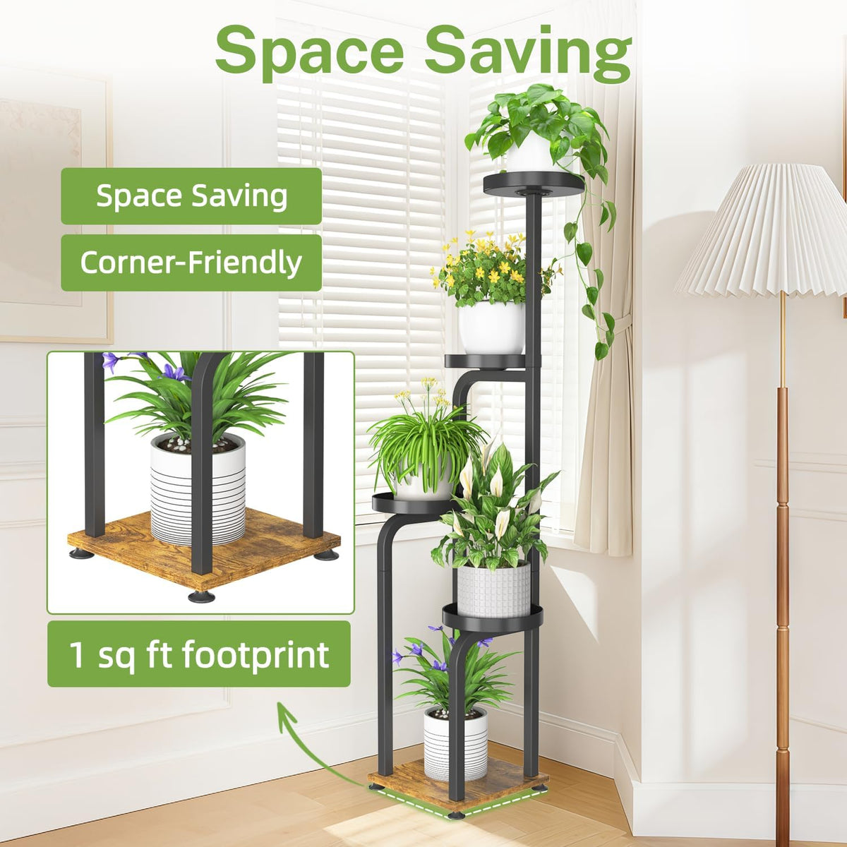 iDavosic.ly Tall Plant Stand Indoor, Corner Tiered Metal Trays, Black Brown | 4 Tier Multiple Flower Holder Shelf