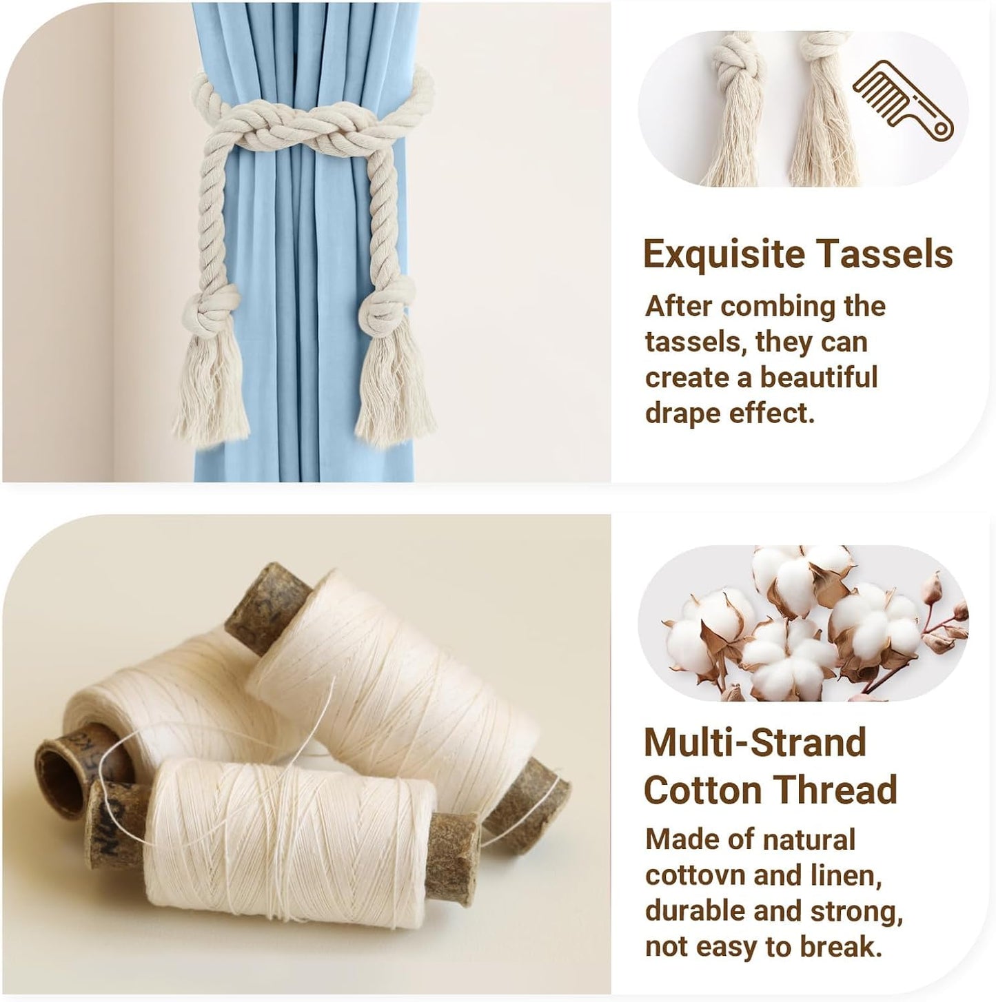 GlasFlength Curtain Tiebacks, Pack of 4 Boho Tiebacks for Curtains, Hand Knitted Curtain Tape, 100 cm, Cotton Rope