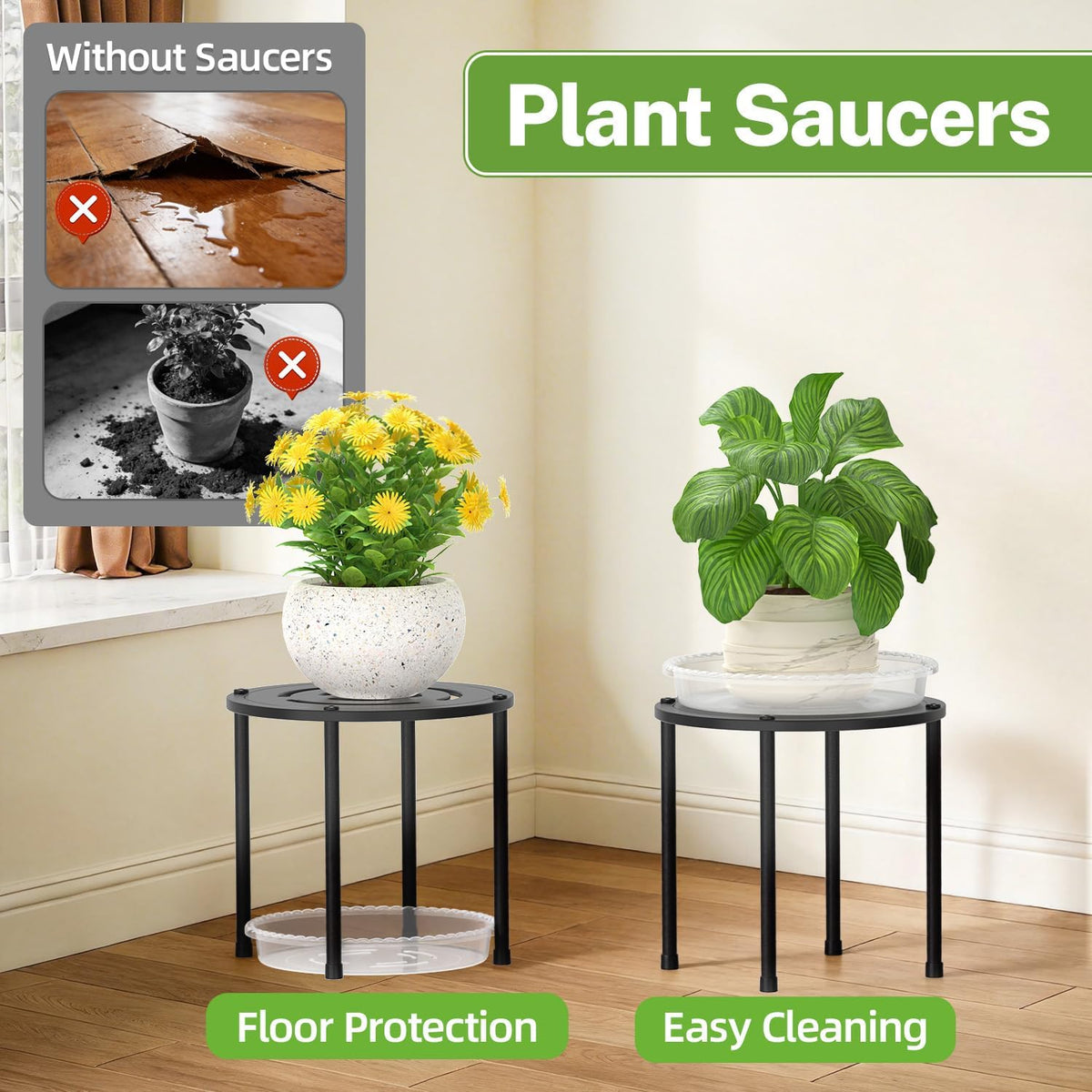 iDavosic.ly 5-Pack Metal Plant Stands with 5 Plant Saucer Tray, 10 In Black | Flower Pot Holder, Heavy Duty Iron Stool