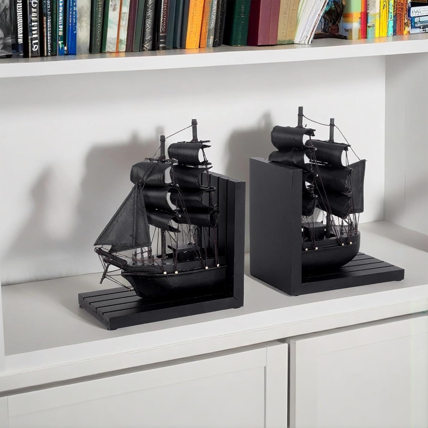 Wooden Ship bookends The Pearl Pirate 10" Prebuilt Caribbean Coastal Sailboat Decor Nautical / Black