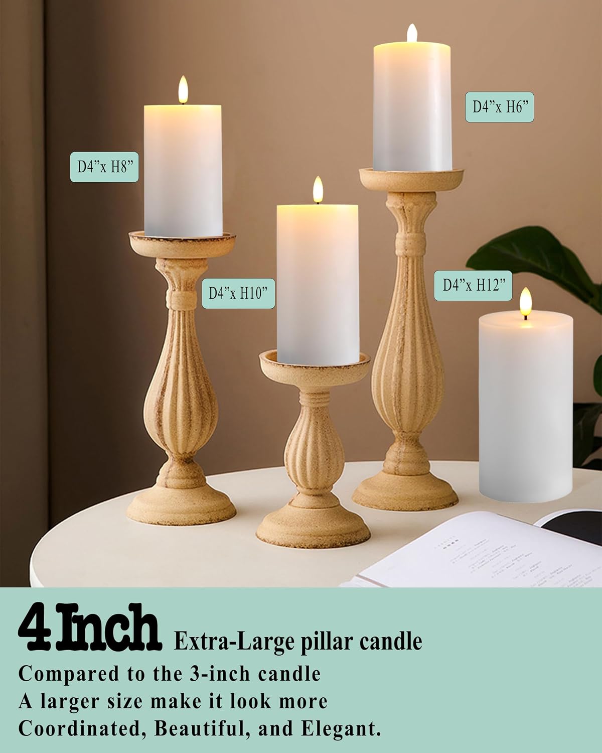Gmnee 4"x8" Flickering Flameless Candles with Remote Timer, Real Wax, White | 2 Pack 4" Diameter Extra-Large Pillar