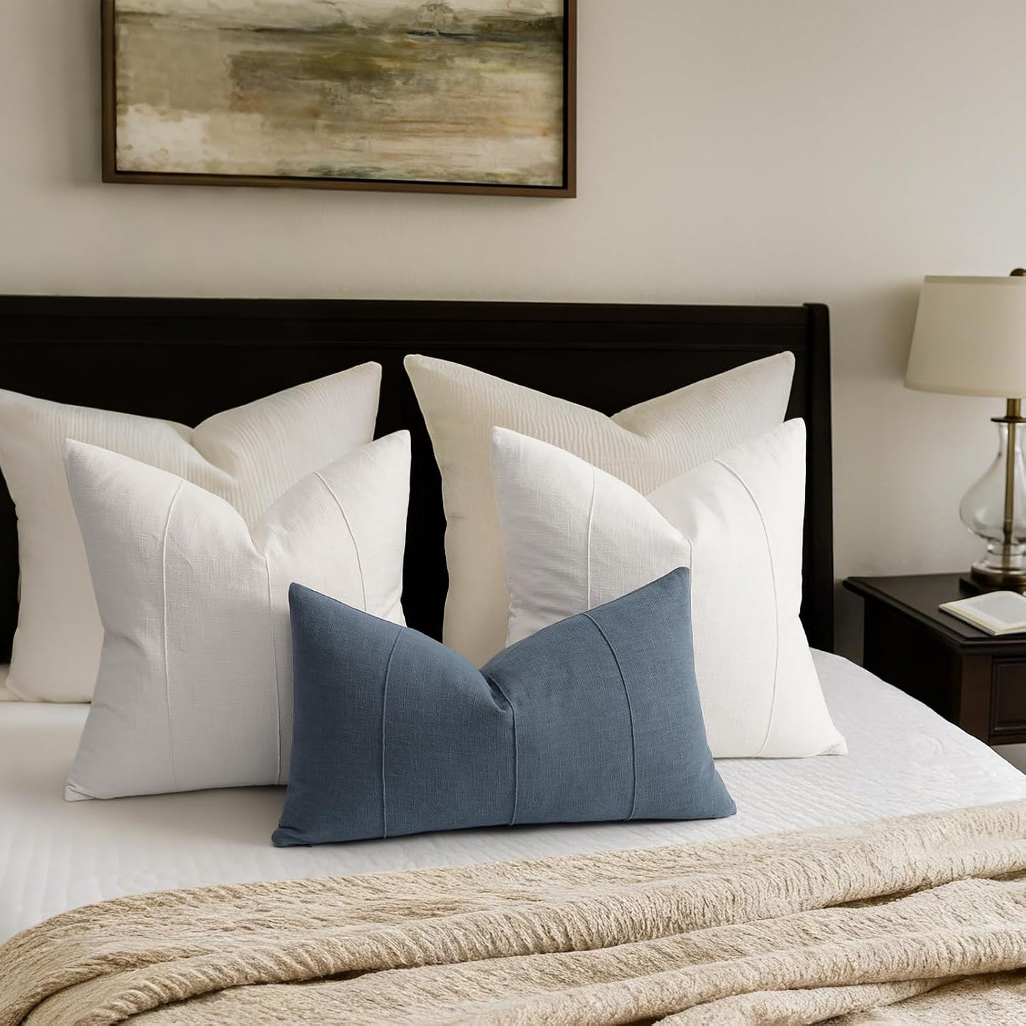 Decorative Linen Throw Pillow Covers Solid handcrafted Striped / Cream White / 18 x 18 / Set of 2