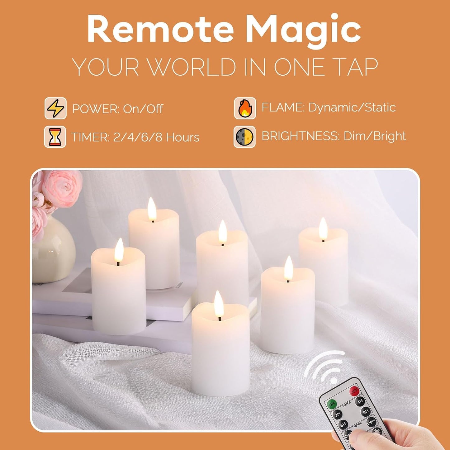 White Flameless Votive Candles with Remote Batteries Set of 6 | 2x3 inch Small LED Pillar Candles, Battery Operated