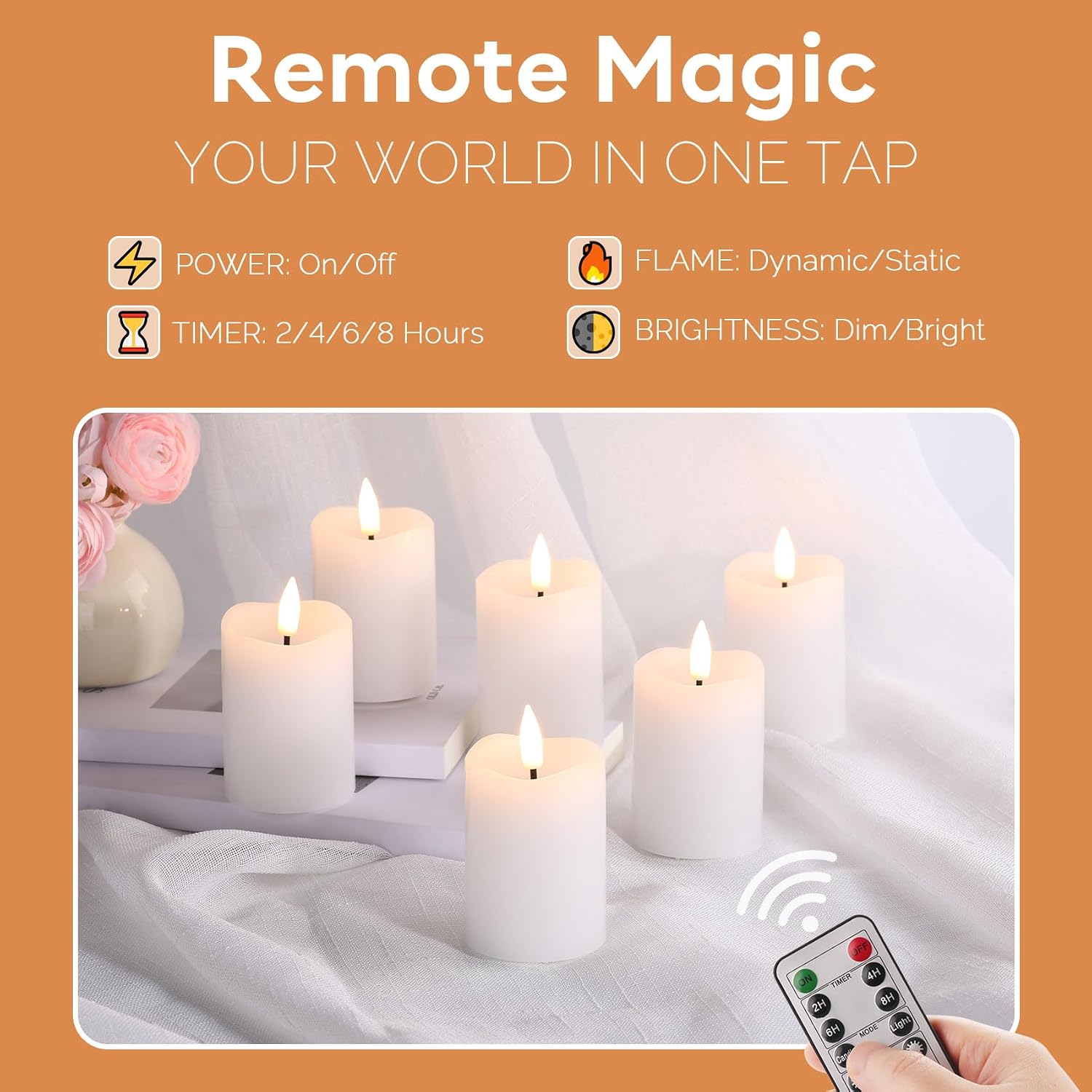 White Flameless Votive Candles with Remote Batteries Set of 6 | 2x3 inch Small LED Pillar Candles, Battery Operated