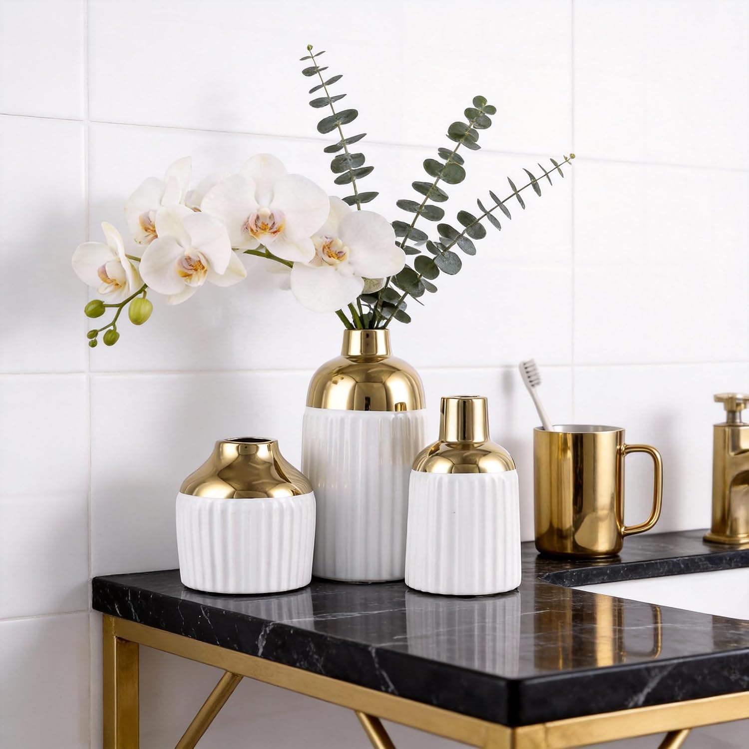 Gold Ceramic Vase 3-Piece Set / Wg / White