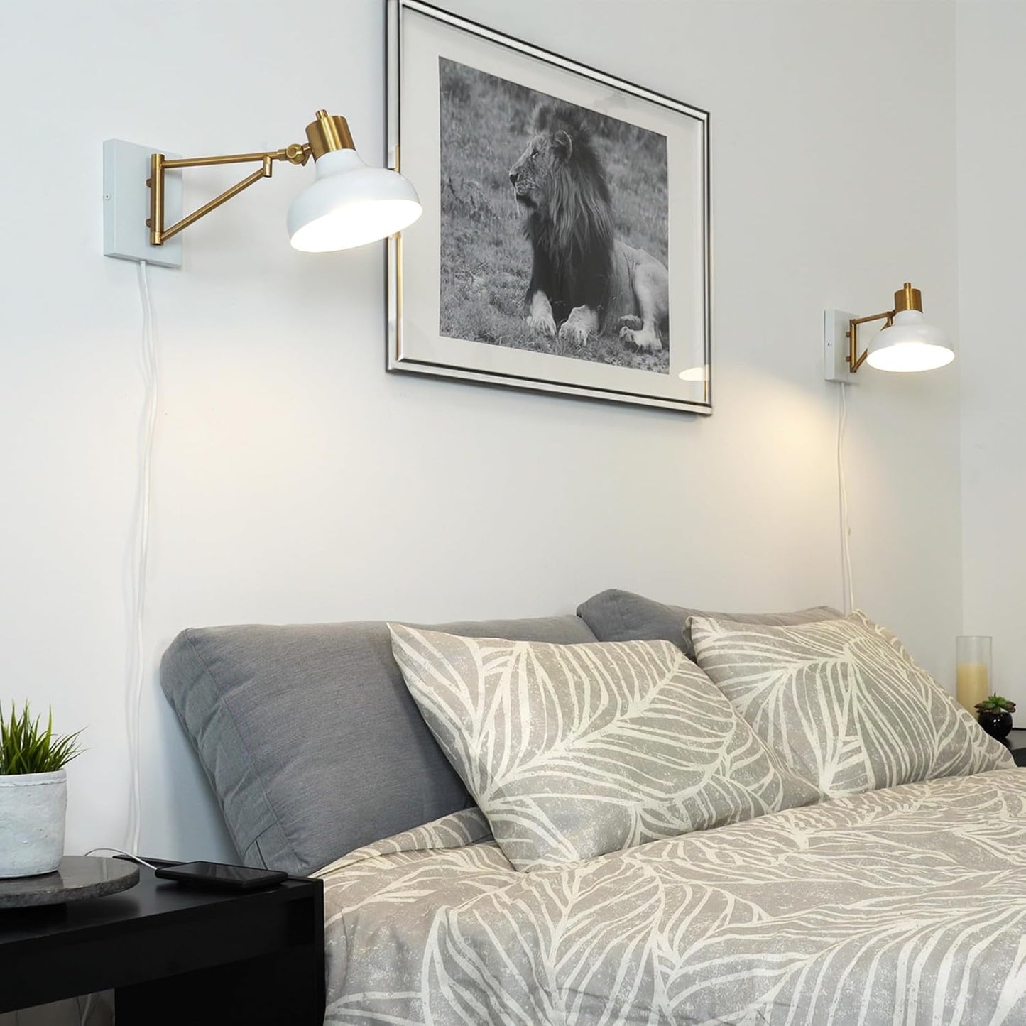 Globe Electric 51344 1-Light Plug-in or Hardwire Swing Arm Wall Sconce, White, Brass Accents, White-Cloth Cord, Mounted