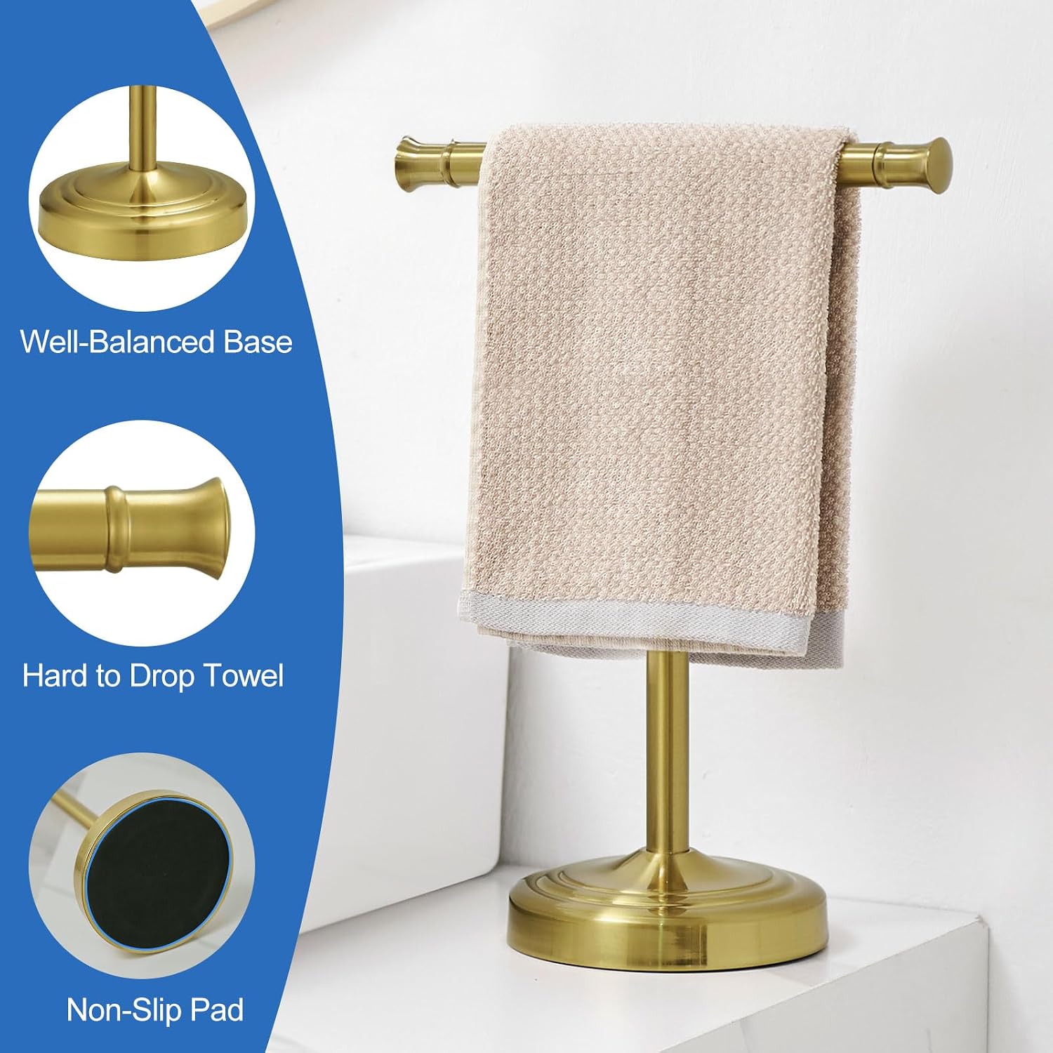 RUMOSE Brushed Gold Hand Towel Holder Stand Countertop Towel Rack | 13 Inch Bathroom Kitchen Vanity T-Shape Towel Stand