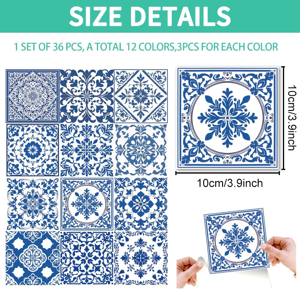 White Tile Stickers Mosaic Style Peel and Stick Backsplash Tile Stickers DIY / Blue / Set of 36