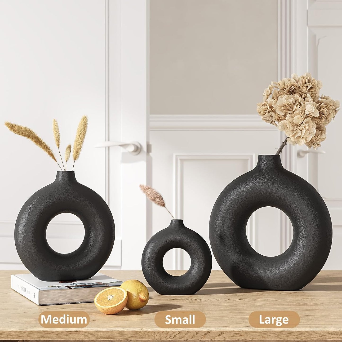 Minimalist Donut Ceramic Vase- Boho Hollow Flower Vases / Large - 9''h / Black / 9 Inch