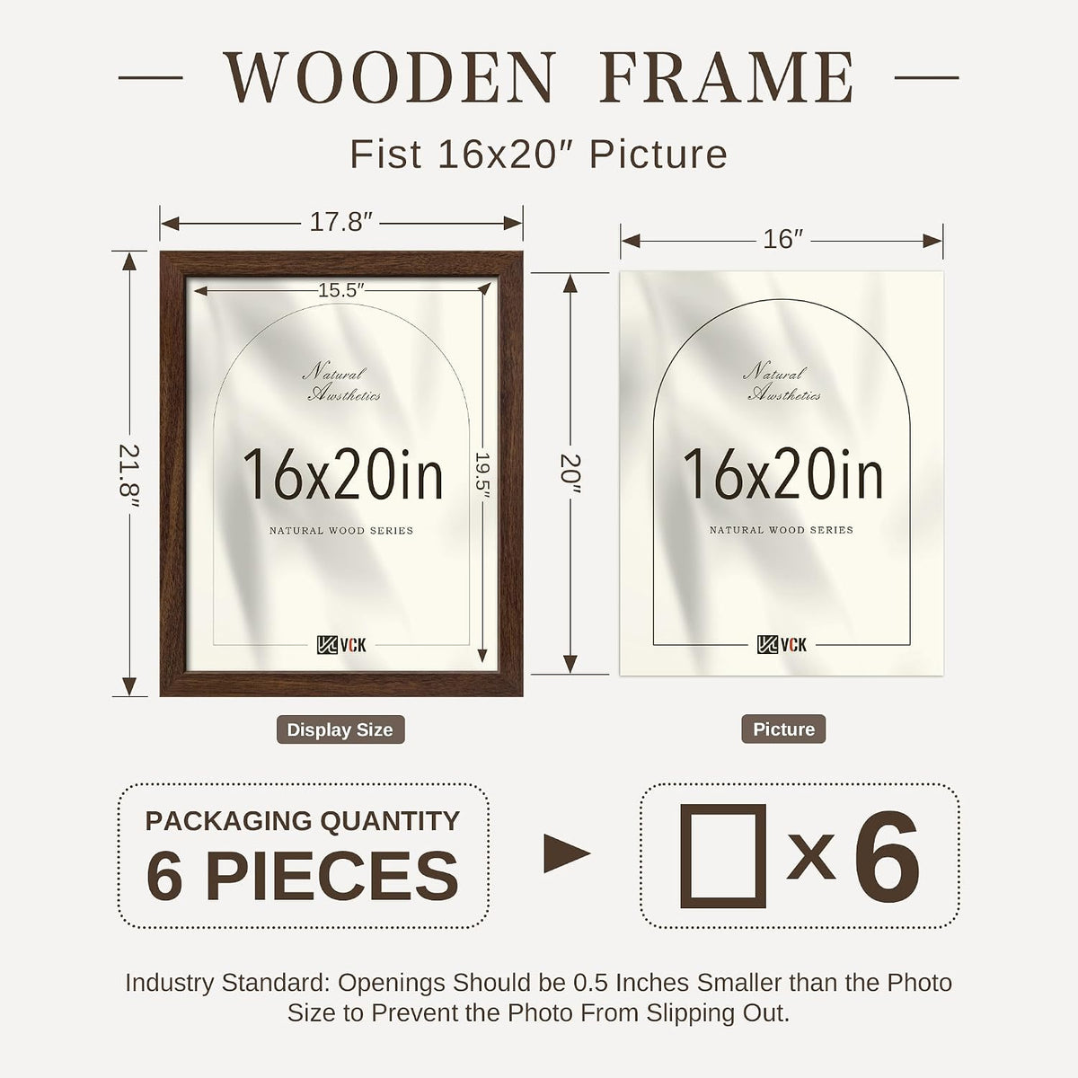 VCK 16x20 Frames Set of 6, Elegant Brown Wood Poster Frame | 1.1in Wide Border, Wall Hanging, HD Plexiglass