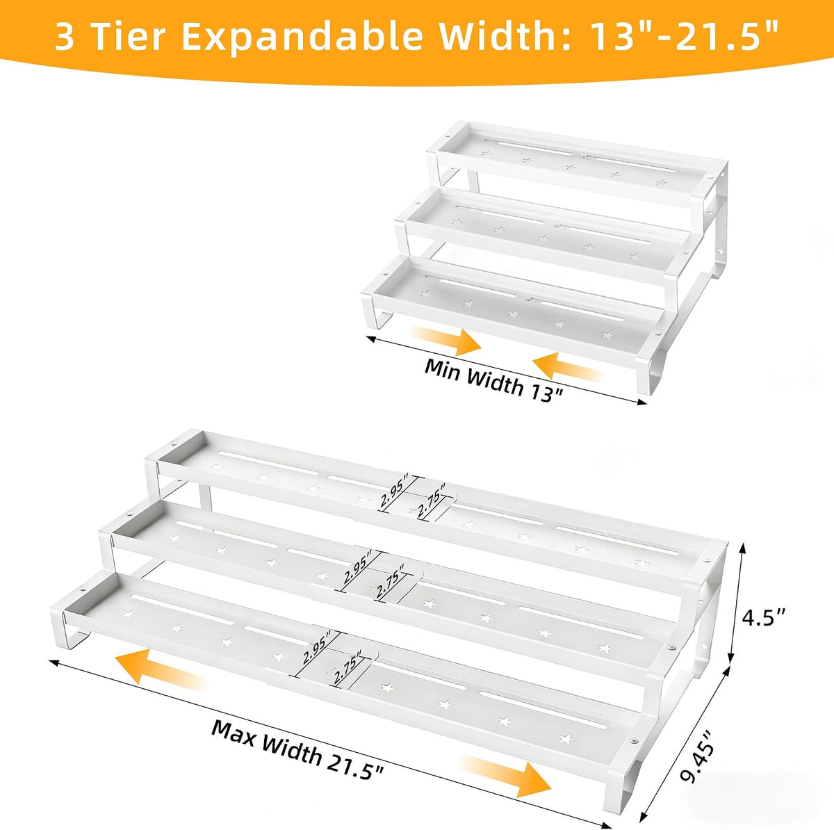 2 Pack Spice Rack Organizer for Cabinet, 13-21.5" Expandable Spicy Shelf | 9.45" Depth 3-Tier White Metal Seasoning