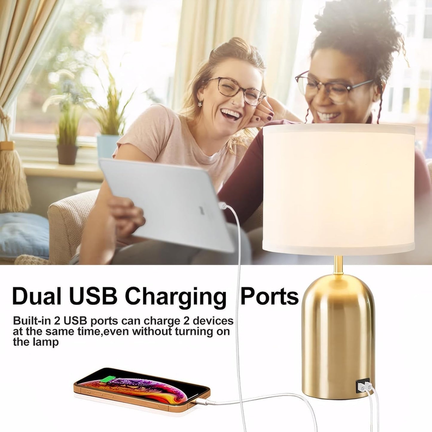 Bedside Lamp with USB Port, Touch Control Table Lamp for Bedroom, Dimmable Modern Nightstand Lamp with Fabric Shade
