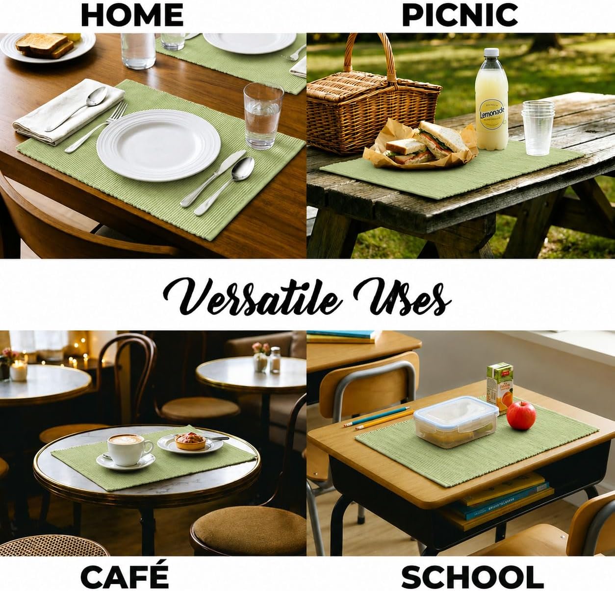 100% Cotton Ribbed Placemats - Set of 8-13 x 19 Inches - Light Lime Green - Everyday Cloth Table Mats - Thick
