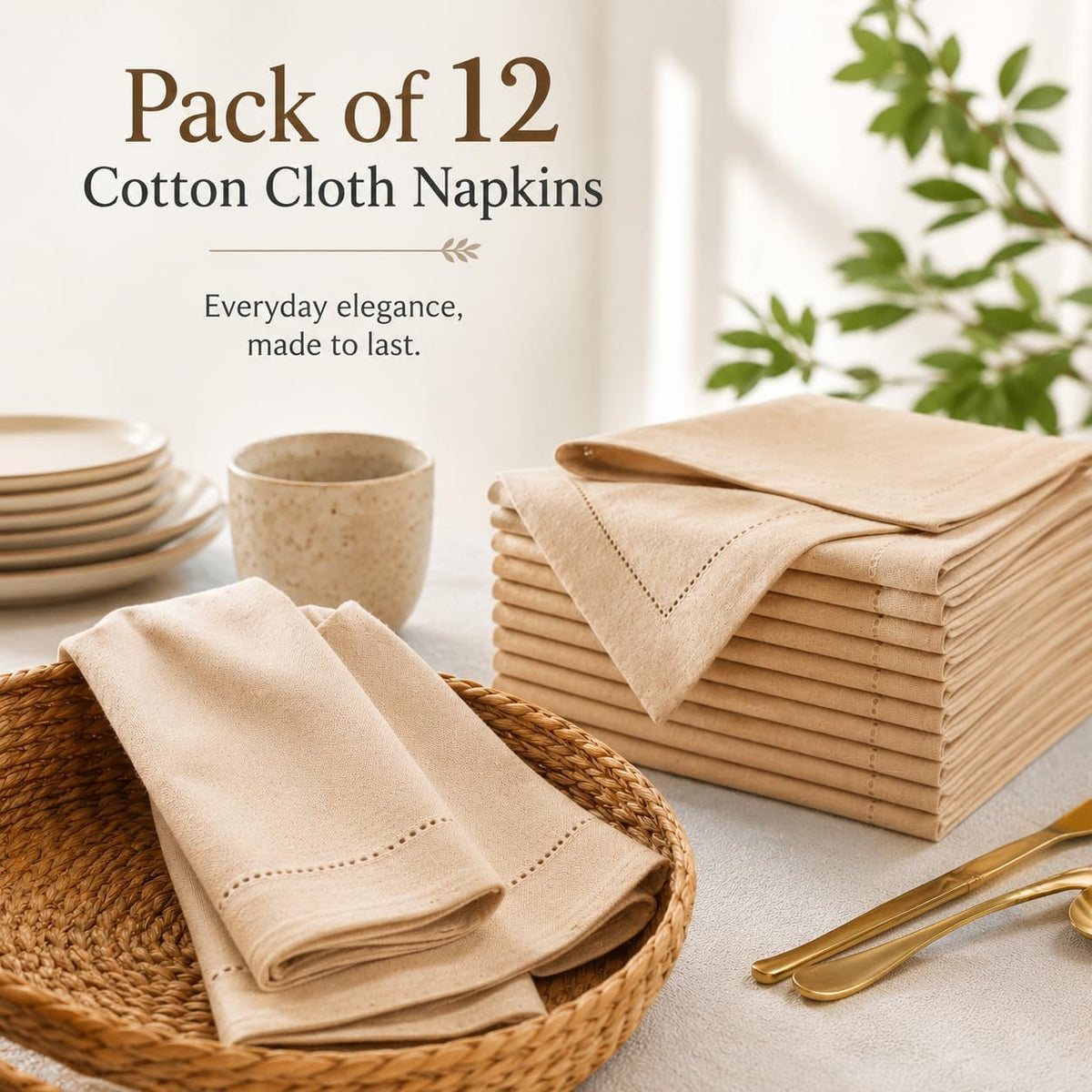 Alpha Living Home Linen Cloth Napkins, Natural, 18x18 in, 12-Pack | Flax cotton blend, hemstitched edges, mitered