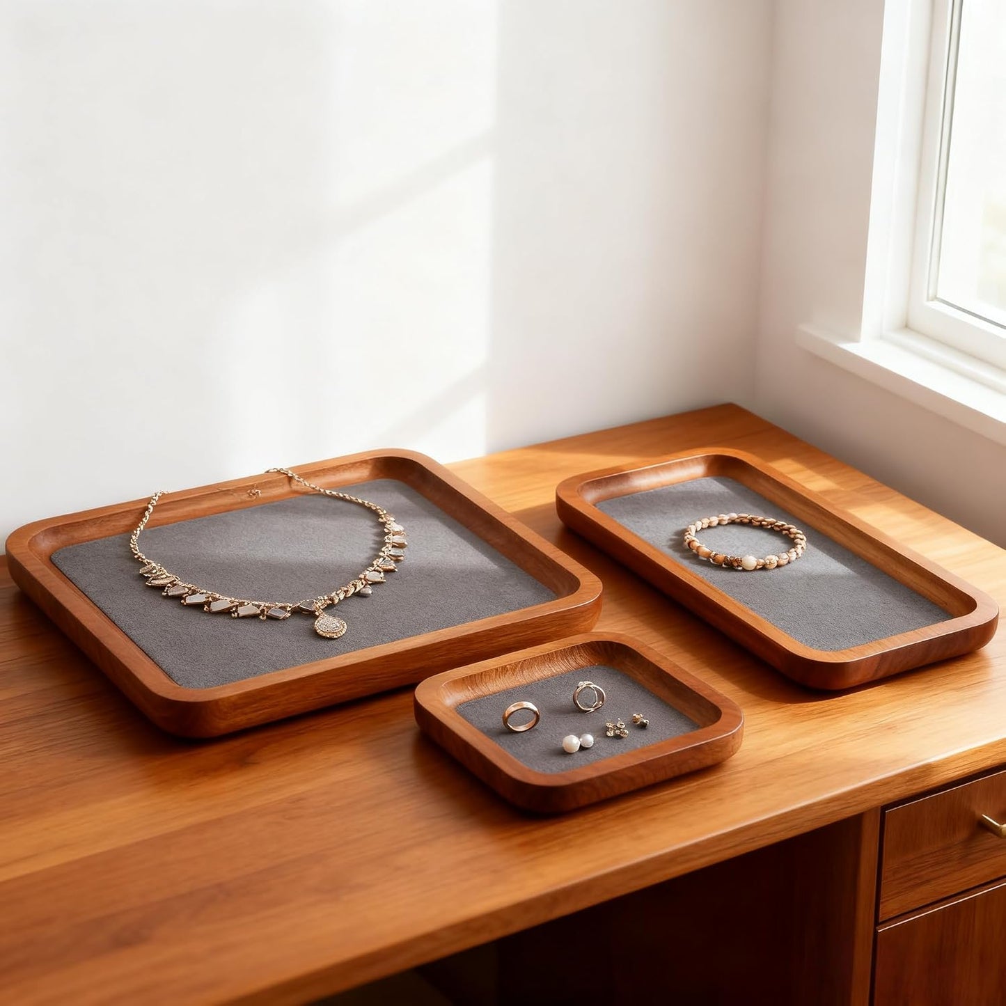 Wooden Jewelry Display Tray Rounded Rectangle Ring Showcase / Gray / Large-w 7'' x H 0.6'' x L 7.9