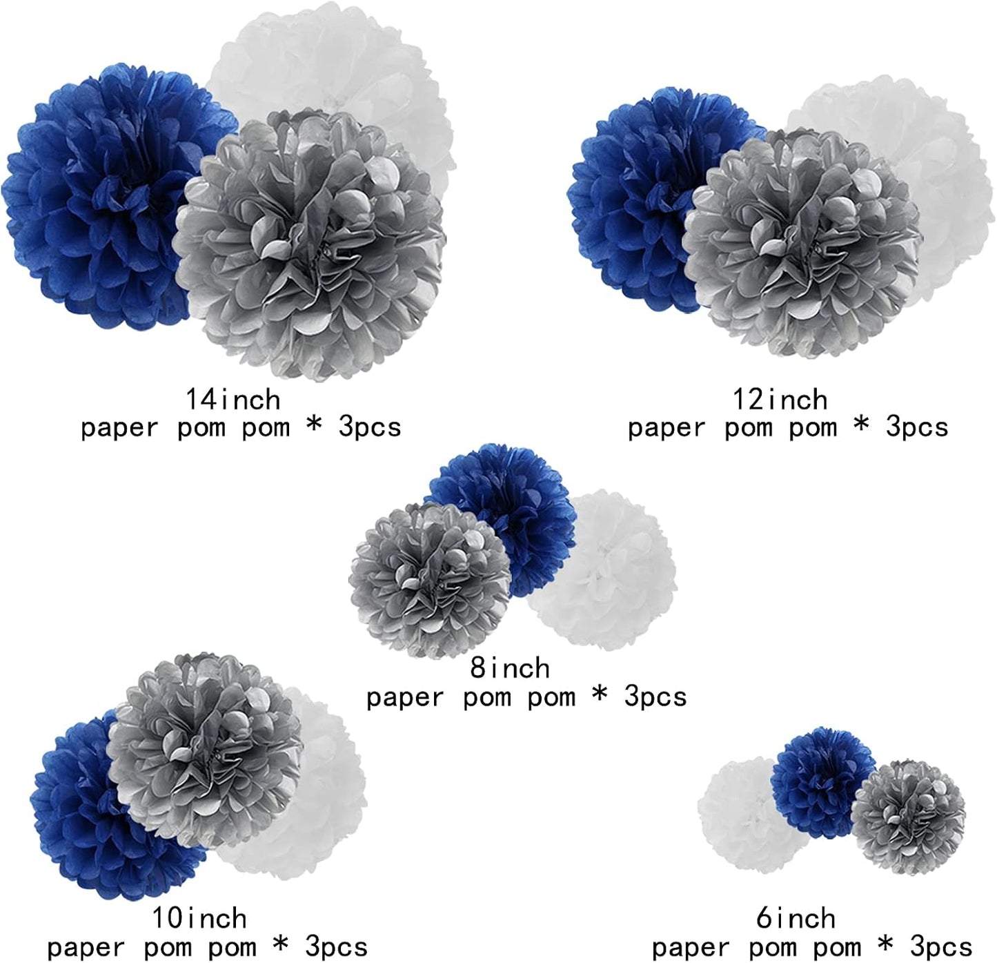 5 Size Party Decorations Paper Flowers / Navy Blue White Silver / Set of 15