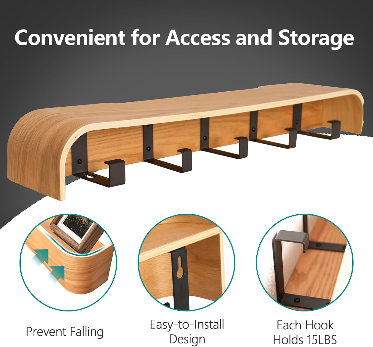 Coat Rack Wall Mount with Hidden Hooks Modern Key Holder Wood Entryway Hook with Shelf for Bedroom Kitchen Hallway
