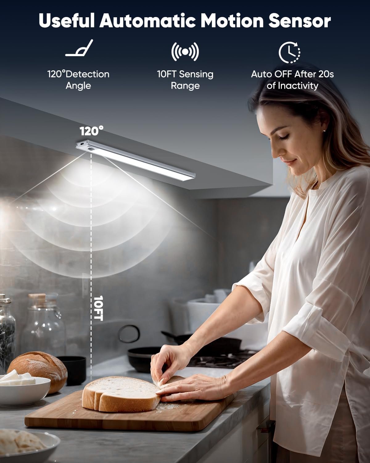 12'' Under Cabinet Lights, LED Rechargeable Battery Operated Motion Sensor Lights Indoor, 2500mAh Magnetic Wireless