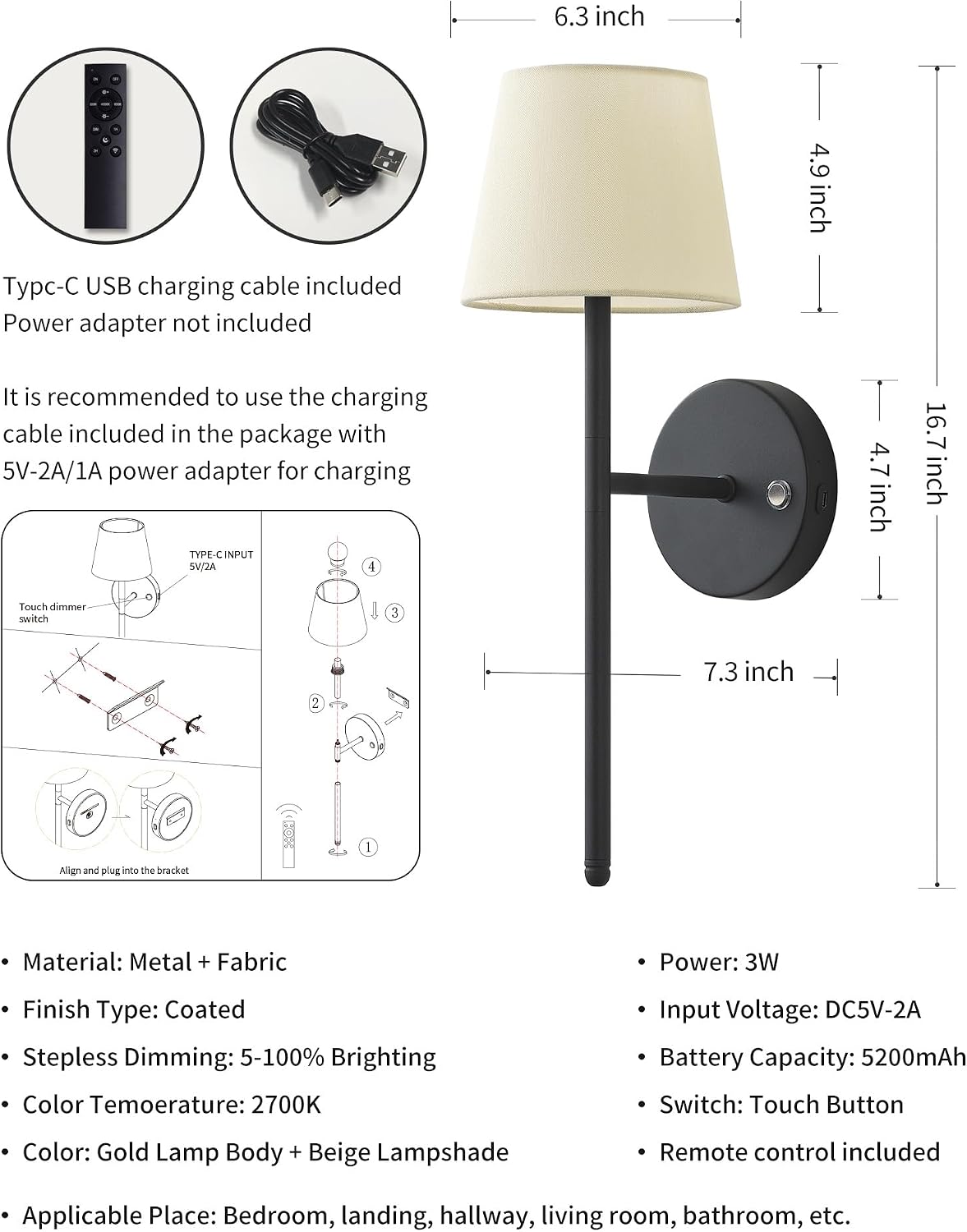 Battery Operated Wall Sconce Set of 2, Black Rechargeable Wall Light | Small, LED, 5200mAh, Dimmable, Fabric Shade