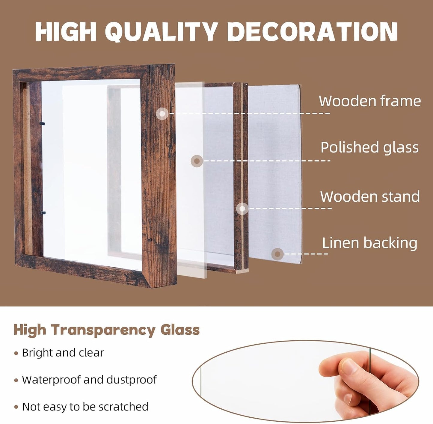 Muzilife 12x12 Shadow Box Wood Picture Frame, Tempered Glass, Honey Brown | FSC-Certified MDF | Soft Acid-free Linen