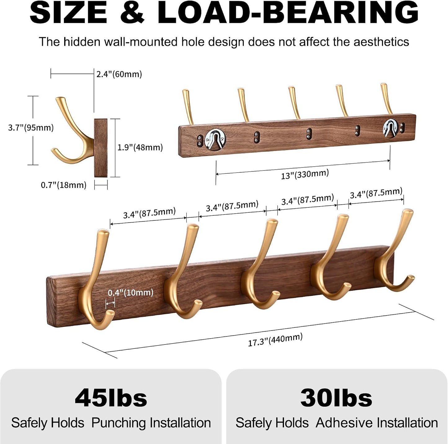 17.3" Small Walnut Wood Coat Rack Wall Mount / Gold 5 Hooks Wall Coat Rack