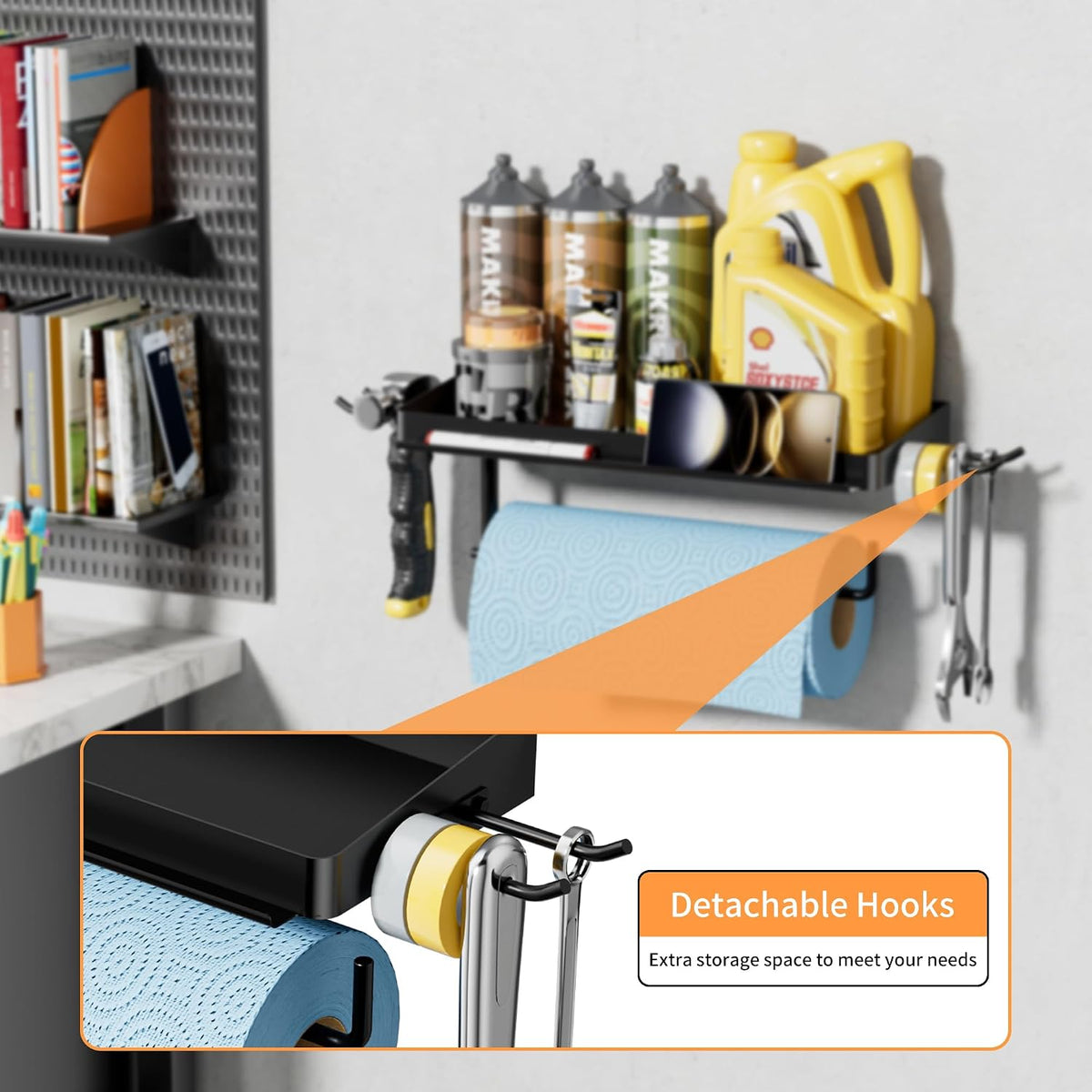SUNTECH Garage Paper Towel Holder with Tool Hanger Wall Mount, Black | Solid Iron, Rust-resistant Finish, Fits Jumbo