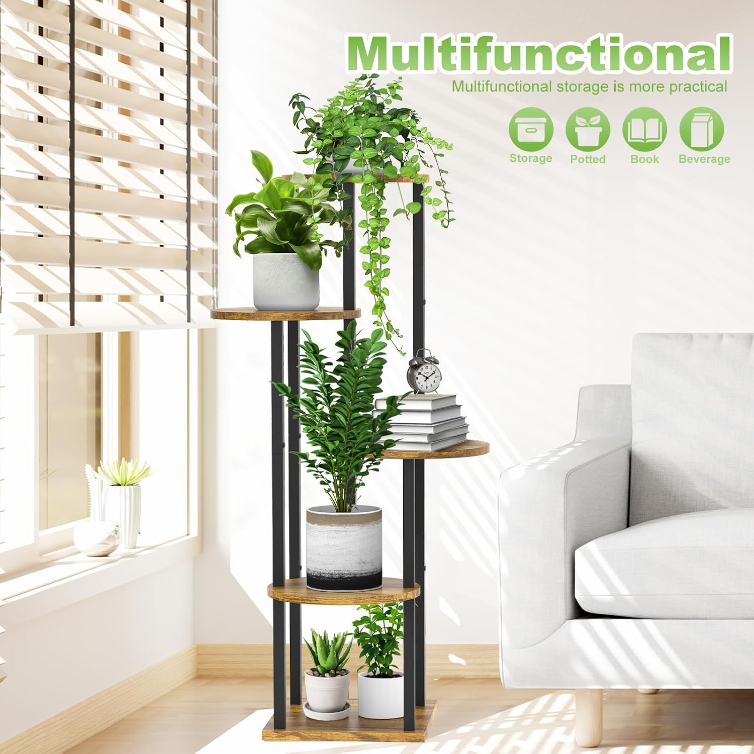 5 Tier Wood Tall Plant Stand Metal Rack Indoor, Multiple Flower Pot Holder Shelves Corner Rack, Round Planter Shelf