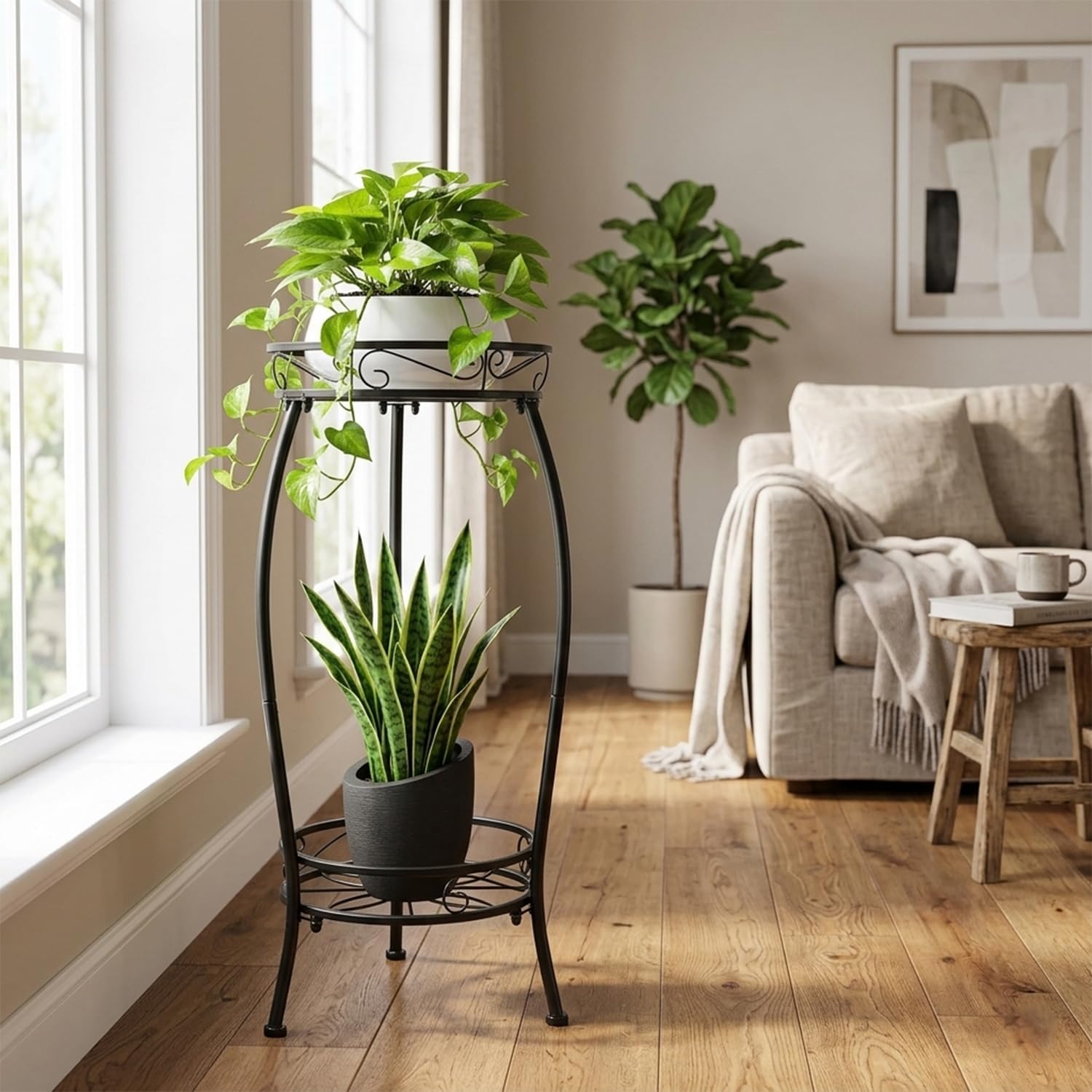 Plant Stand Indoor Outdoor 27.1'', 2 Tier Tall Metal Plant Stands, Heavy Duty Rustproof Corner Flower Potted Rack for