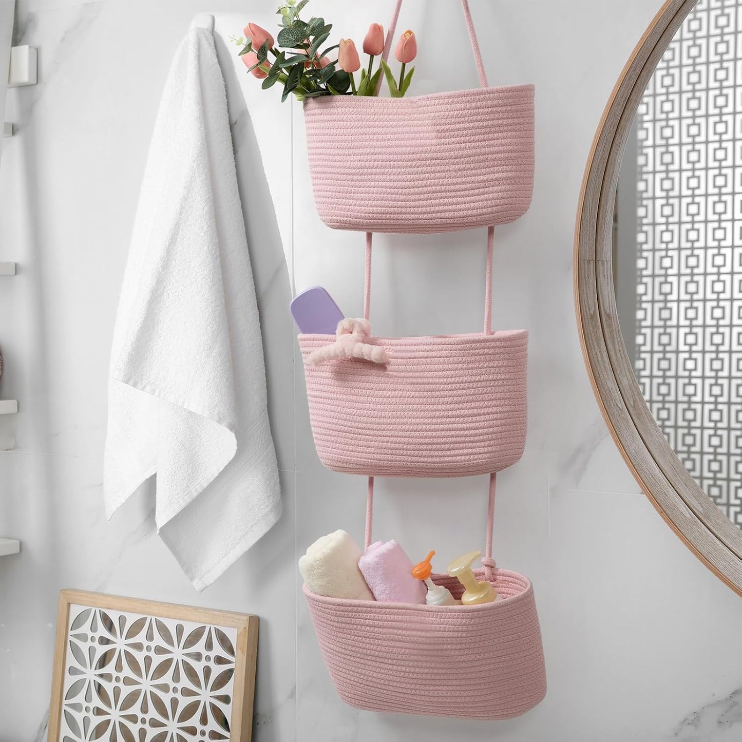 3-Tier Woven Cotton Wall-Mounted Storage Organizer Bag Decorative Hanging Nursery / Pink