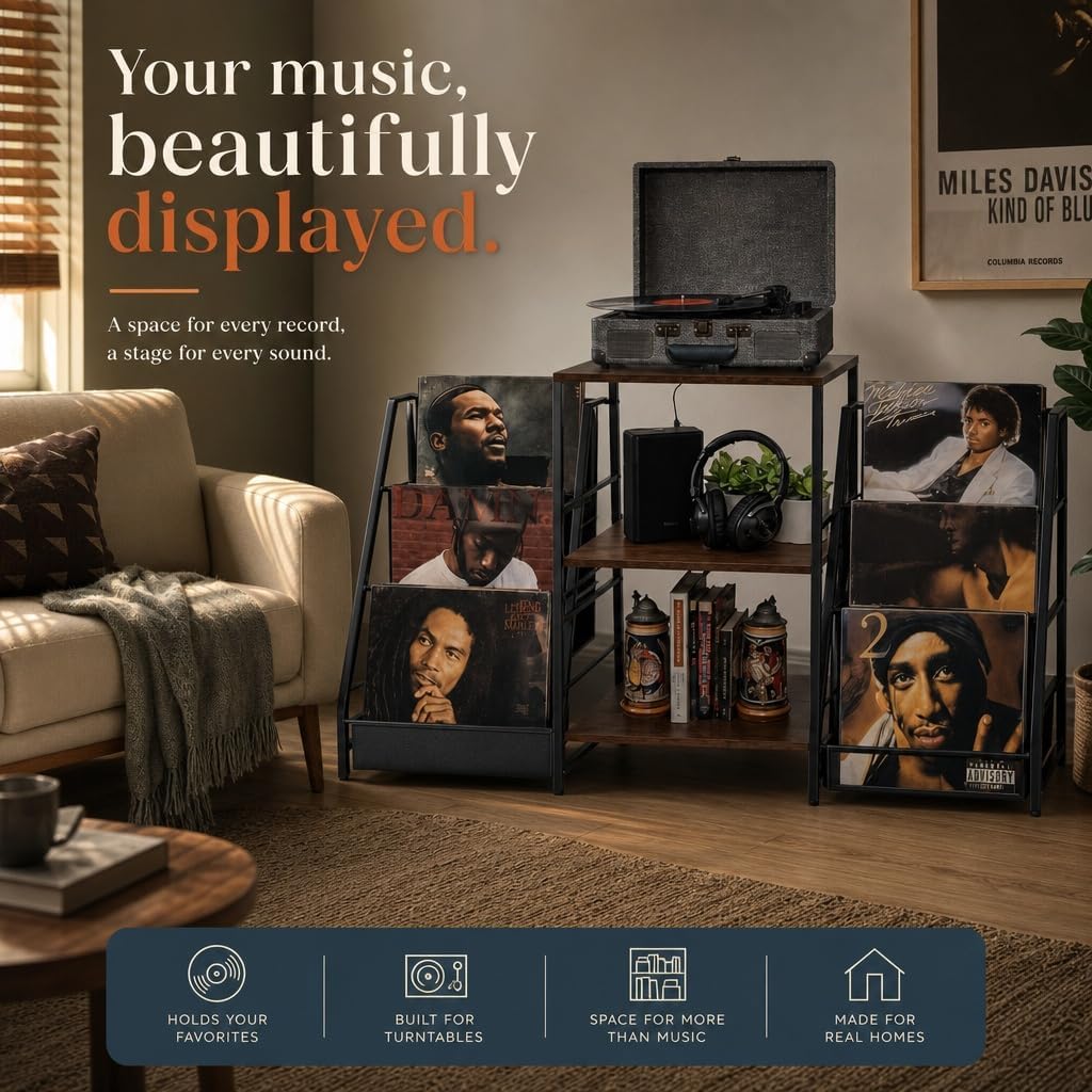 Record Player Stand with Storage, Vinyl Record Holder with Power Outlet | Holds 280 Albums, Vinyl Record Storage