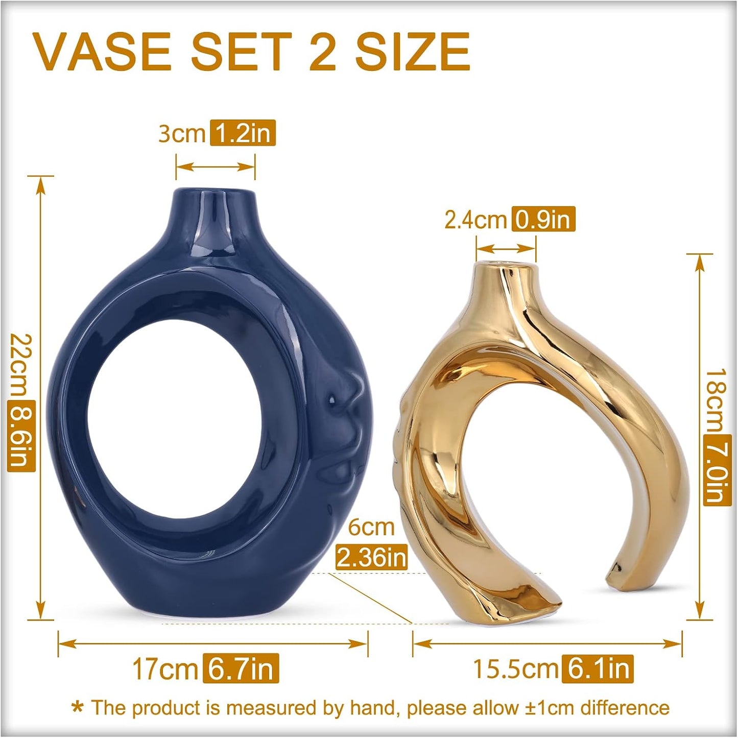 Navy Blue Home Decor Ceramic Vase / Blue Gold / Set of 2