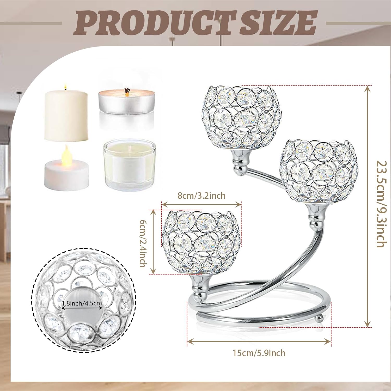 Metal Crystal Candle Holder Set of 6 - Elegant 3-Arm Tea Light Centerpiece with Shining Crystal Bowl, Wedding