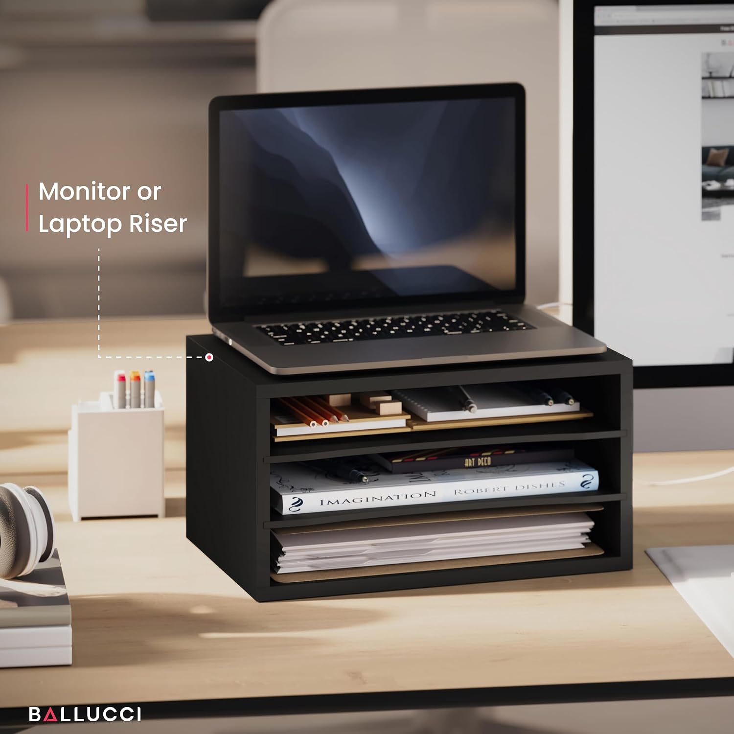 Ballucci Paper Organizer, 3-Tier Stackable Wood Desk Organizer, Document File Organizer and Mail Sorter with Adjustable
