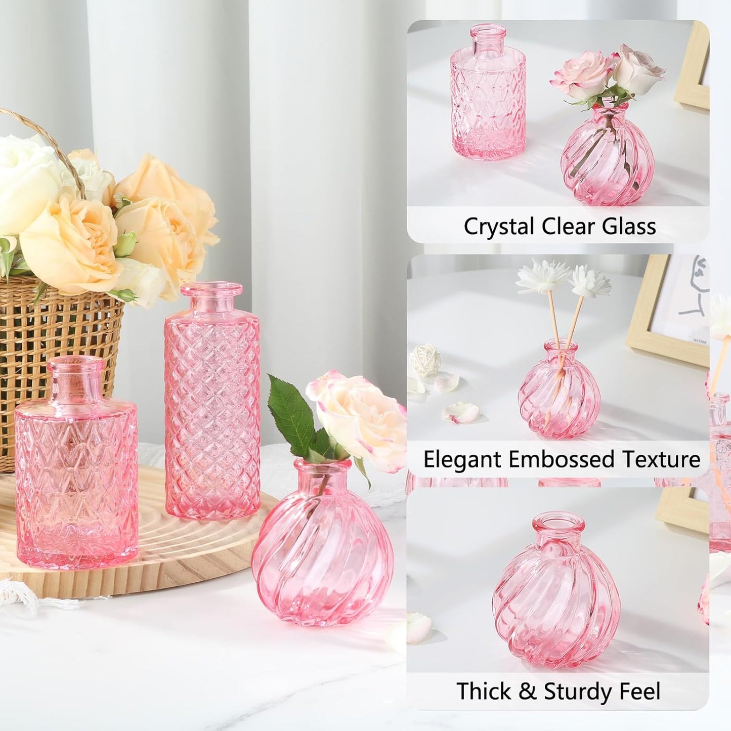 Glass Bud Vases Mini Flower Vase Small Vintage Vases for Centerpiece Table Wedding / Pink
