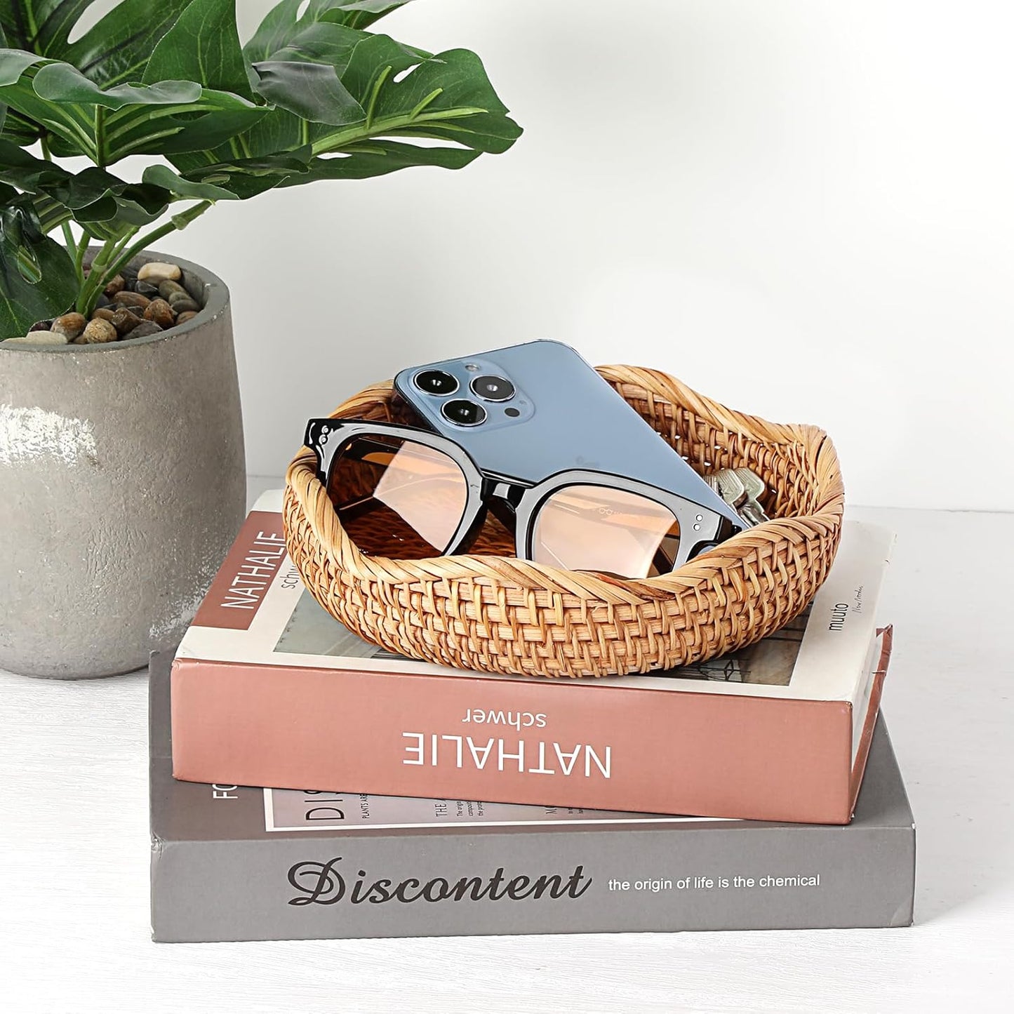 Round Key Basket Bowl for Entryway " Natural Rattan Fruit Bowl Woven / 7.3 Inch / Natural Color