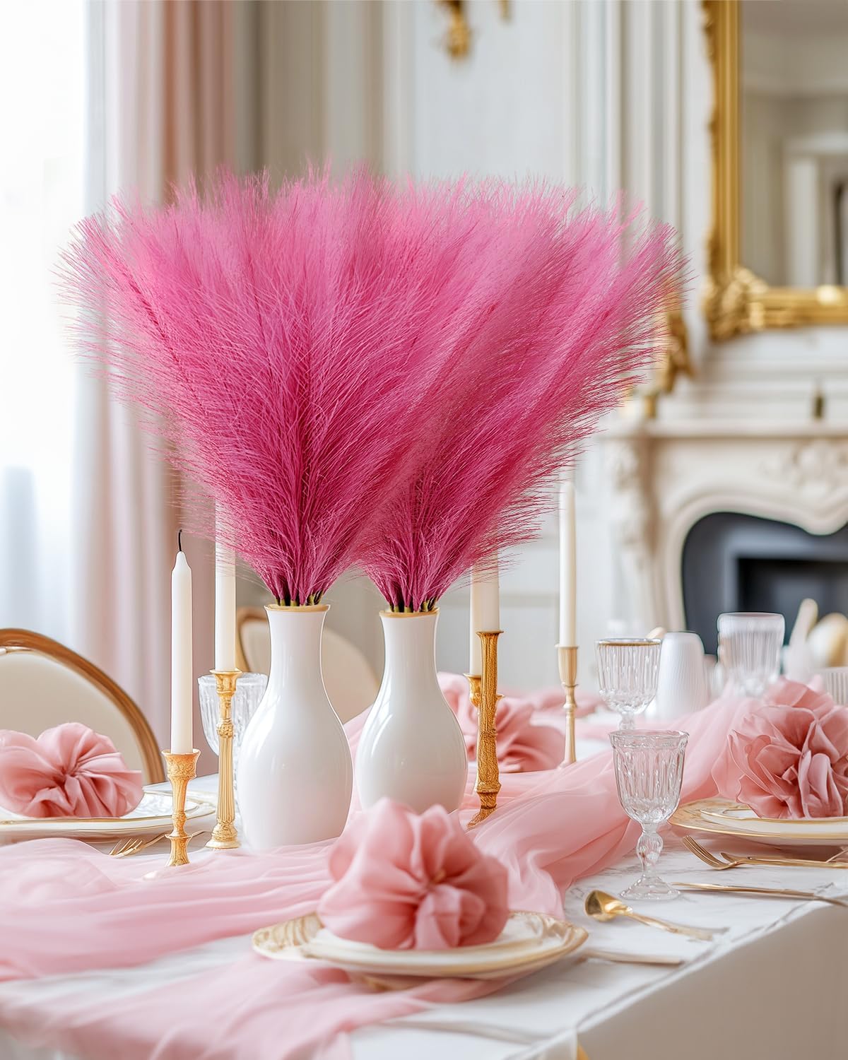 Hot Pink Short Artificial Pompous Grass Fluffy Fake Pompas Grass / Rosy Pink / 17.7 Inch / Set of 60