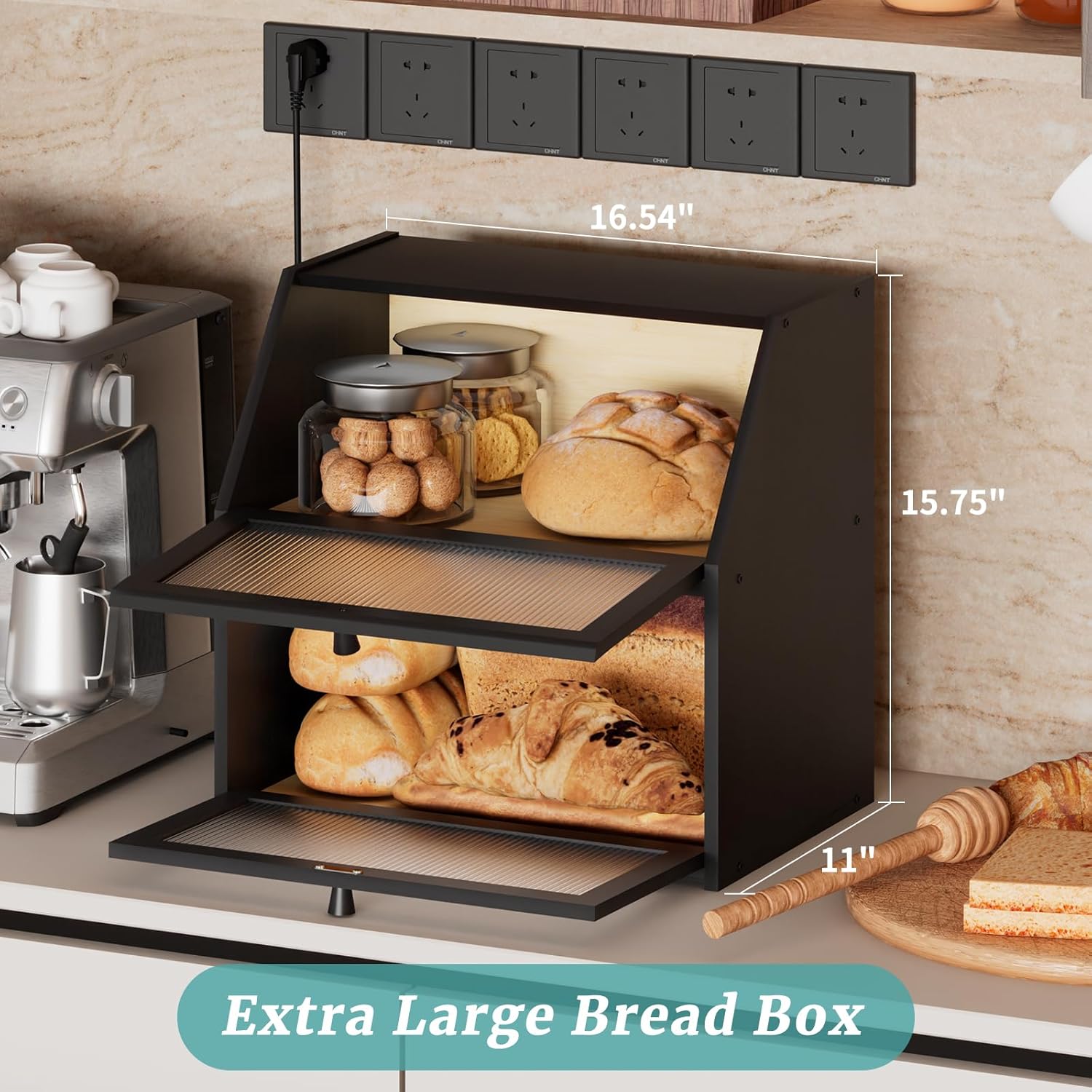 Extra Large Black Bread Box for Kitchen Counter, Large Bamboo Wood Double Layer Bread Box, Wooden Bread Storage Capacity