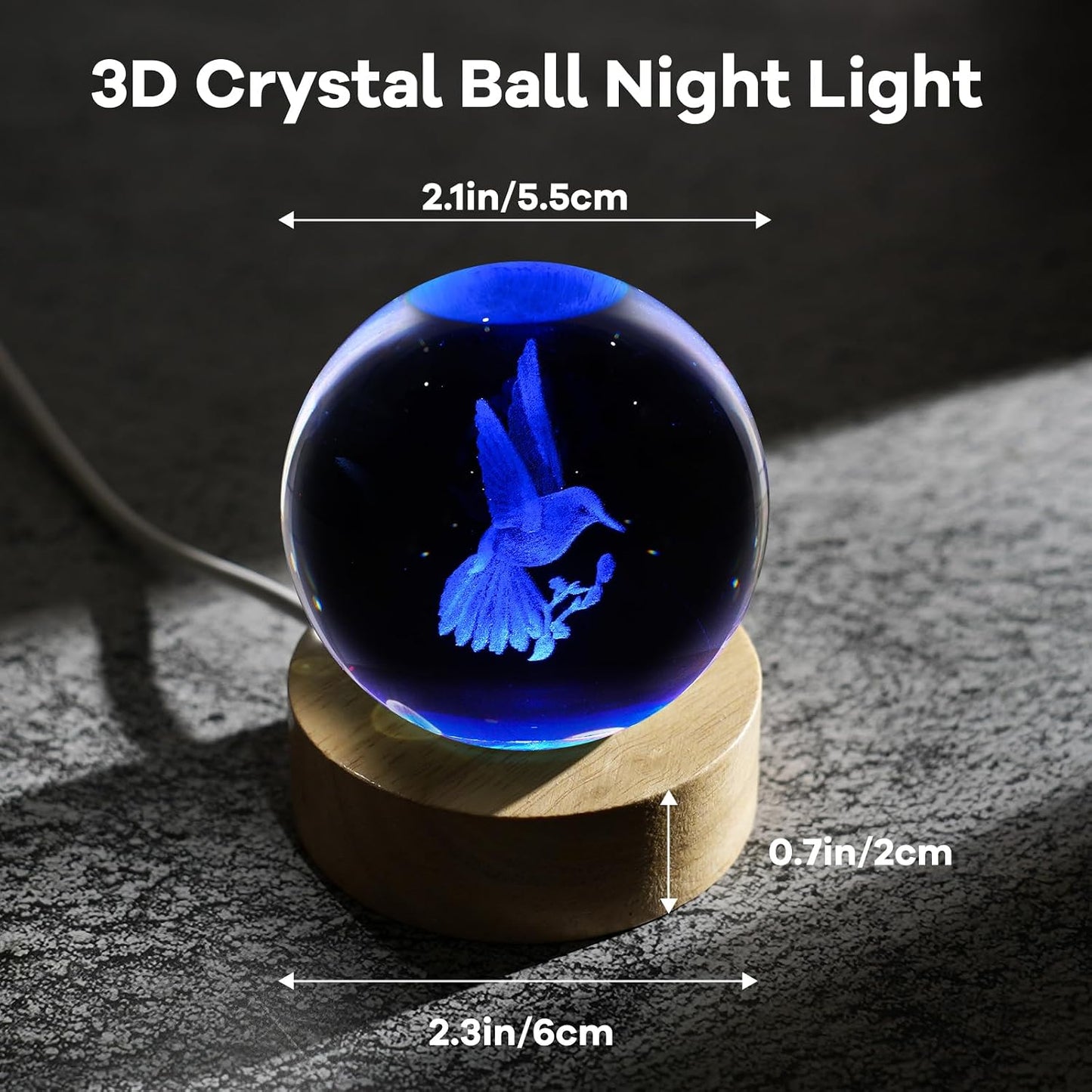 3D Crystal Ball Night Light Figurines Decor Table Lamp / Hummingbird / 2.4 Inch