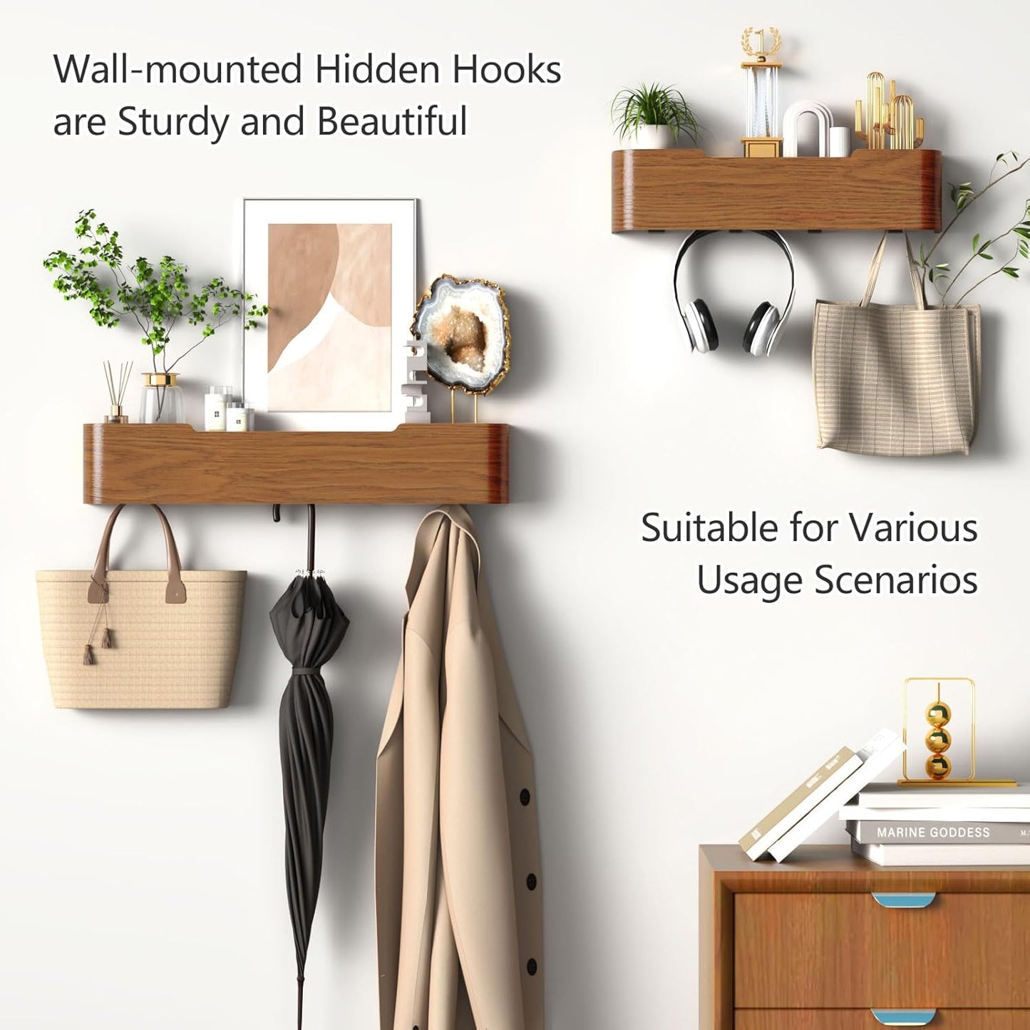 Coat Rack Wall Mount with Hidden Hooks Modern Key Holder Wood Entryway Hook with Shelf for Bedroom Kitchen Hallway