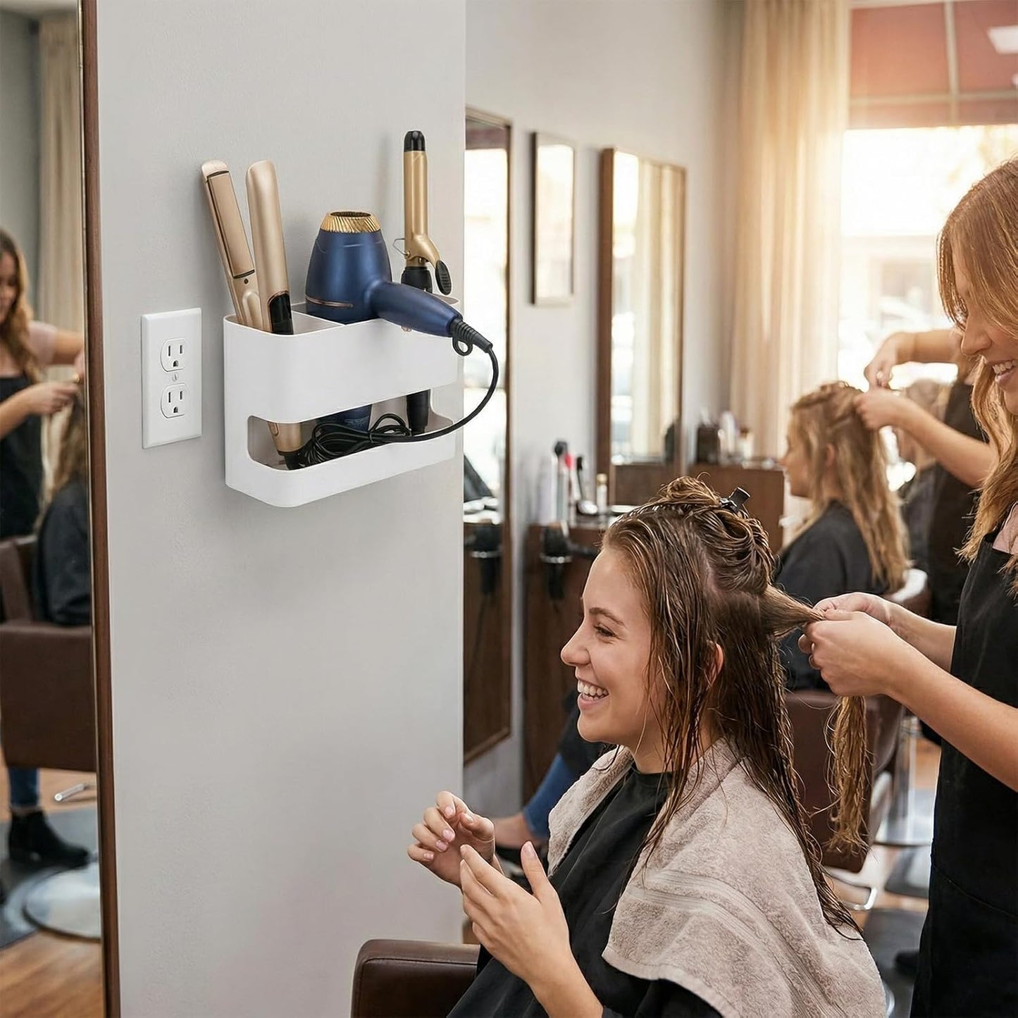 MyGift Wall Mounted Hair Tool Organizer with 3 Slots, White Metal | Bathroom & Salon Storage Rack for Blow Dryer