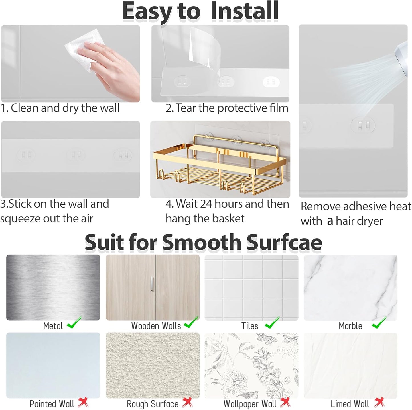 Self Adhesive Wall Storage Basket Rustproof / Gold / Set of 5