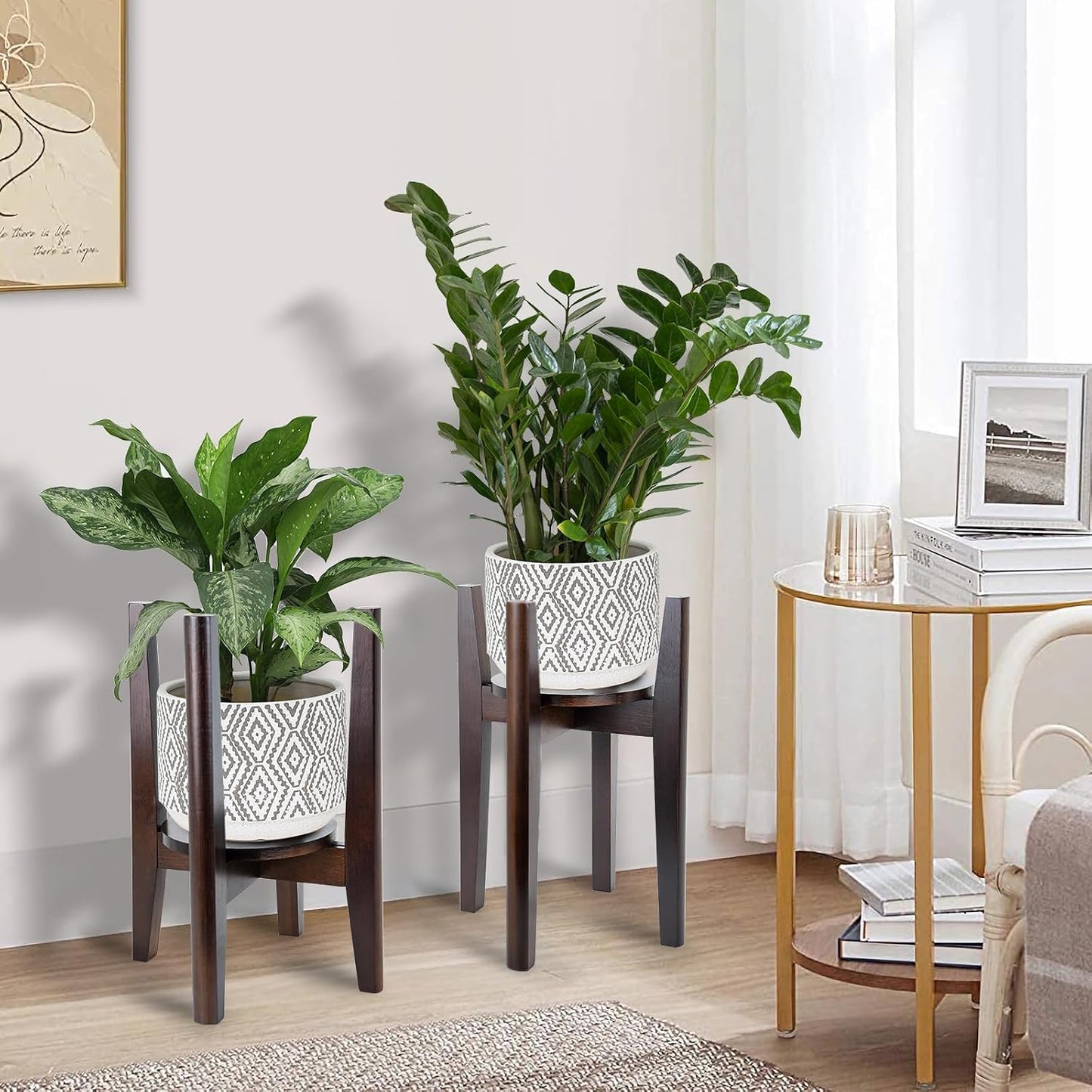 2 Packs Adjustable Plant Stand with Tray,Indoor Wood Plant Stand Fit 8'' to 12'' Planter,Mid Century Modern Flower Pot