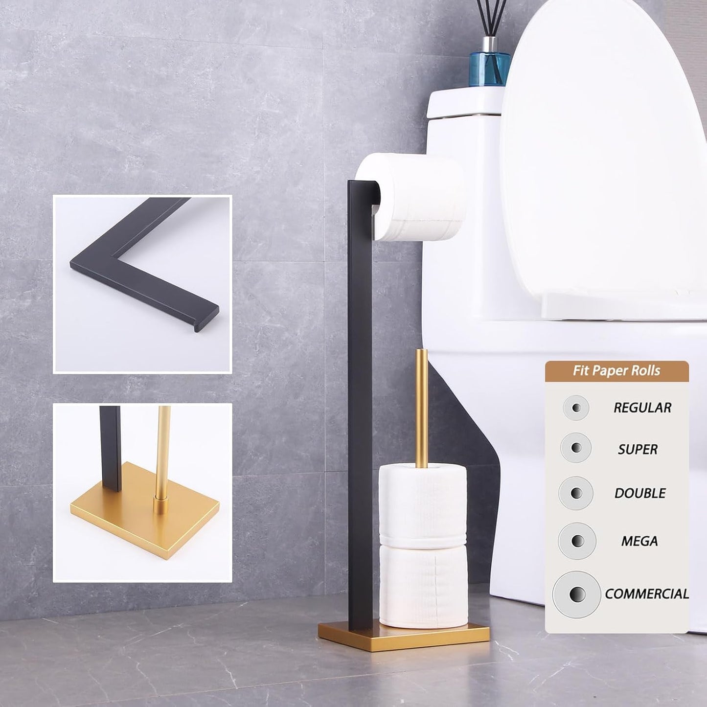 GERZWY Free Standing Toilet Paper Holder, SUS 304 Stainless Steel Toilet Paper Stand with Reserve (Black & Gold)