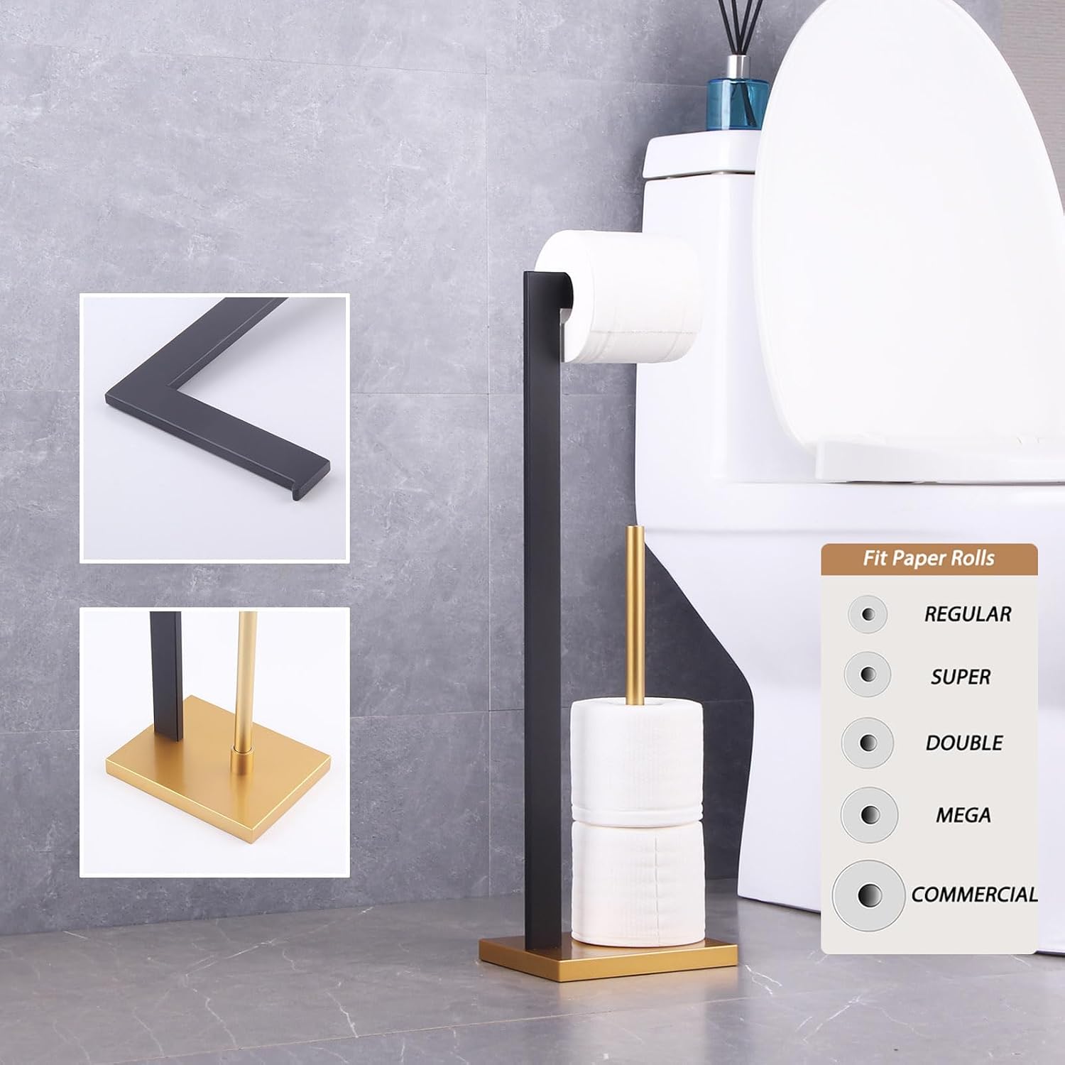 GERZWY Free Standing Toilet Paper Holder, SUS 304 Stainless Steel Toilet Paper Stand with Reserve (Black & Gold)
