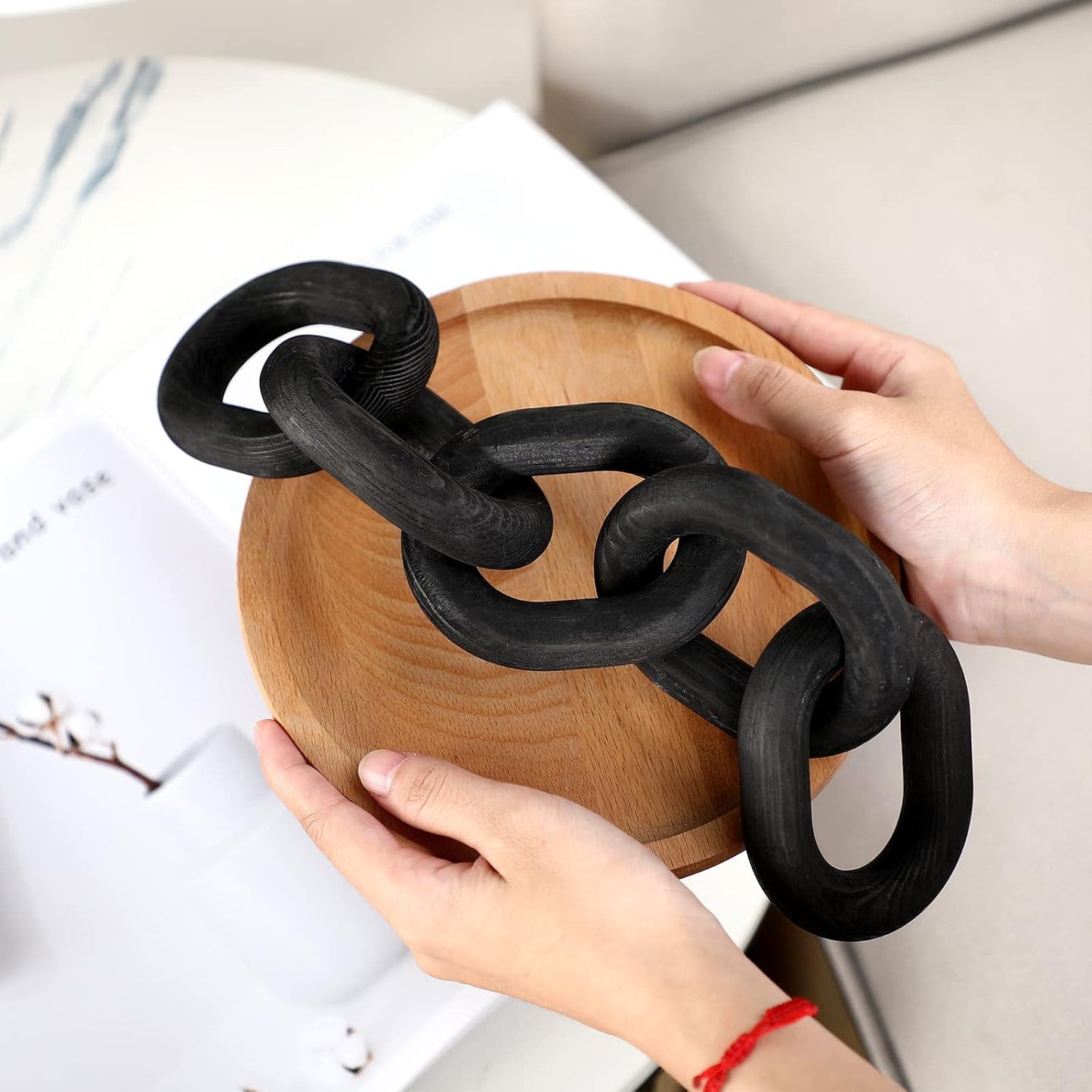 Decorative Wood Chain Link Decor Rustic 5 Link Wooden Chain Ornament Farmhouse / Black / 13.78 Inch