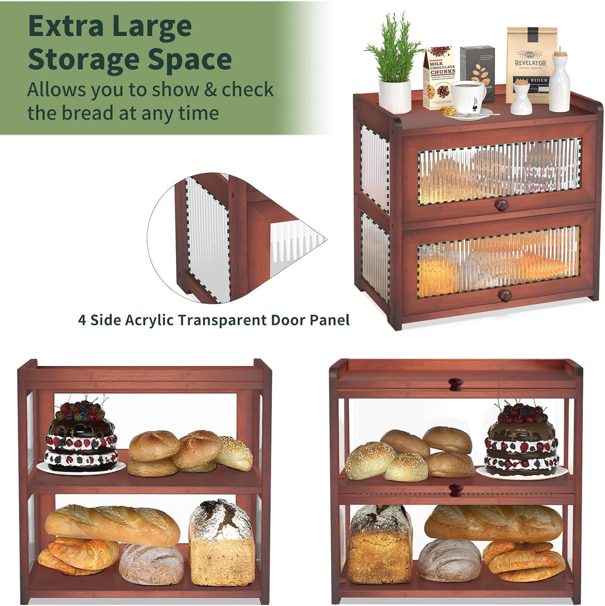 BAMBANG Extra Large Bamboo Bread Box for Kitchen Counter, Double Layer Bread Storage Container Farmhouse Bread Box with