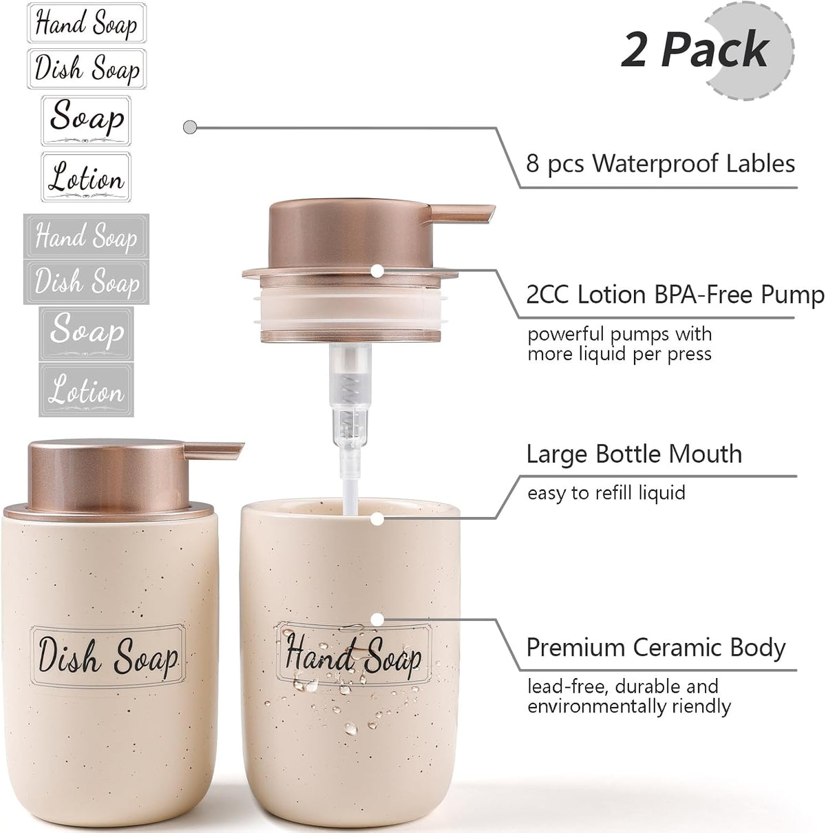 BosilunLife Apricot Soap Dispenser Set-2 Pack 12oz Ceramic Soap Dispenser | with Rust Proof Pump for Kitchen, Hand Soap